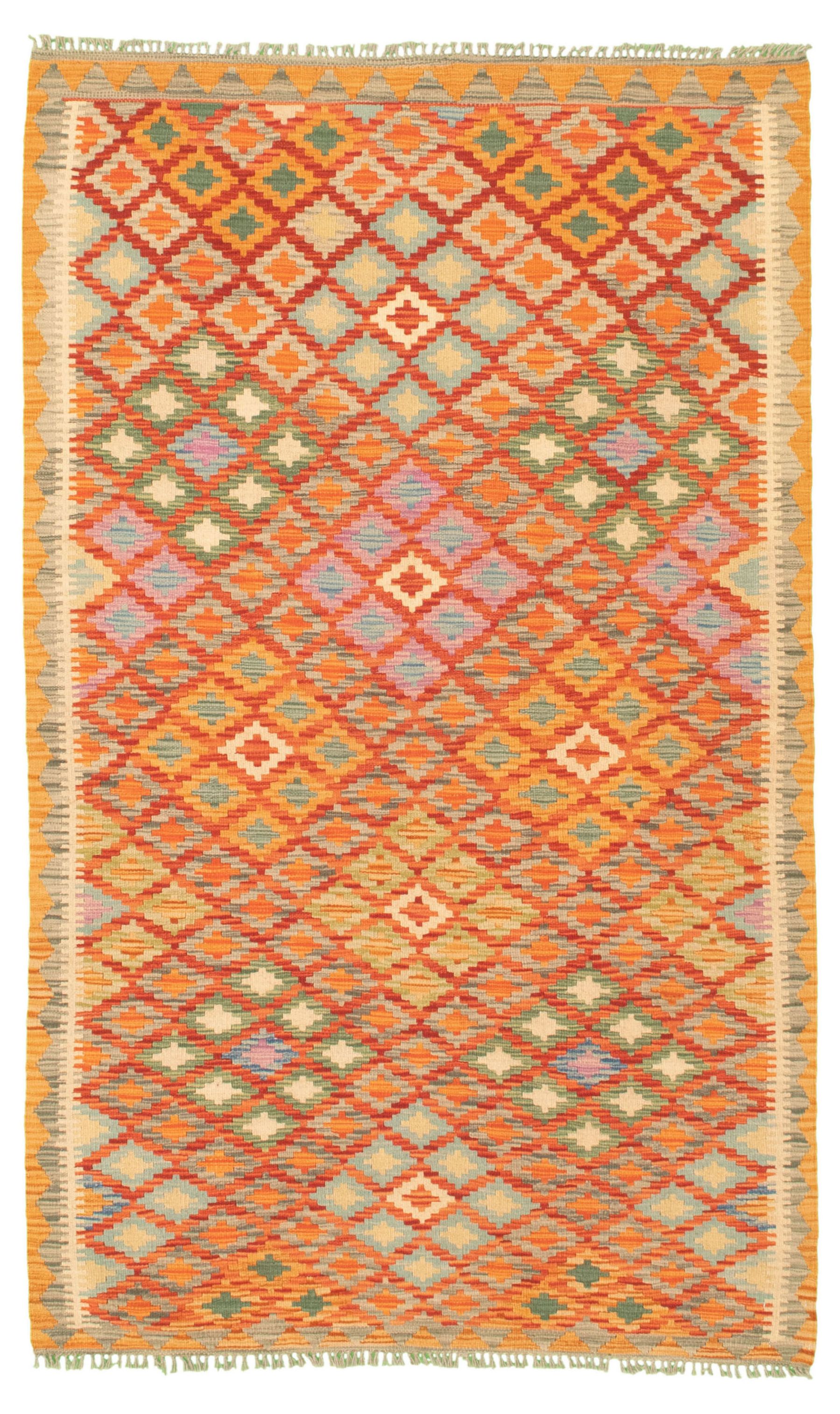 Hand woven Bold and Colorful  Red Wool Kilim 4'1" x 6'8" Size: 4'1" x 6'8"  