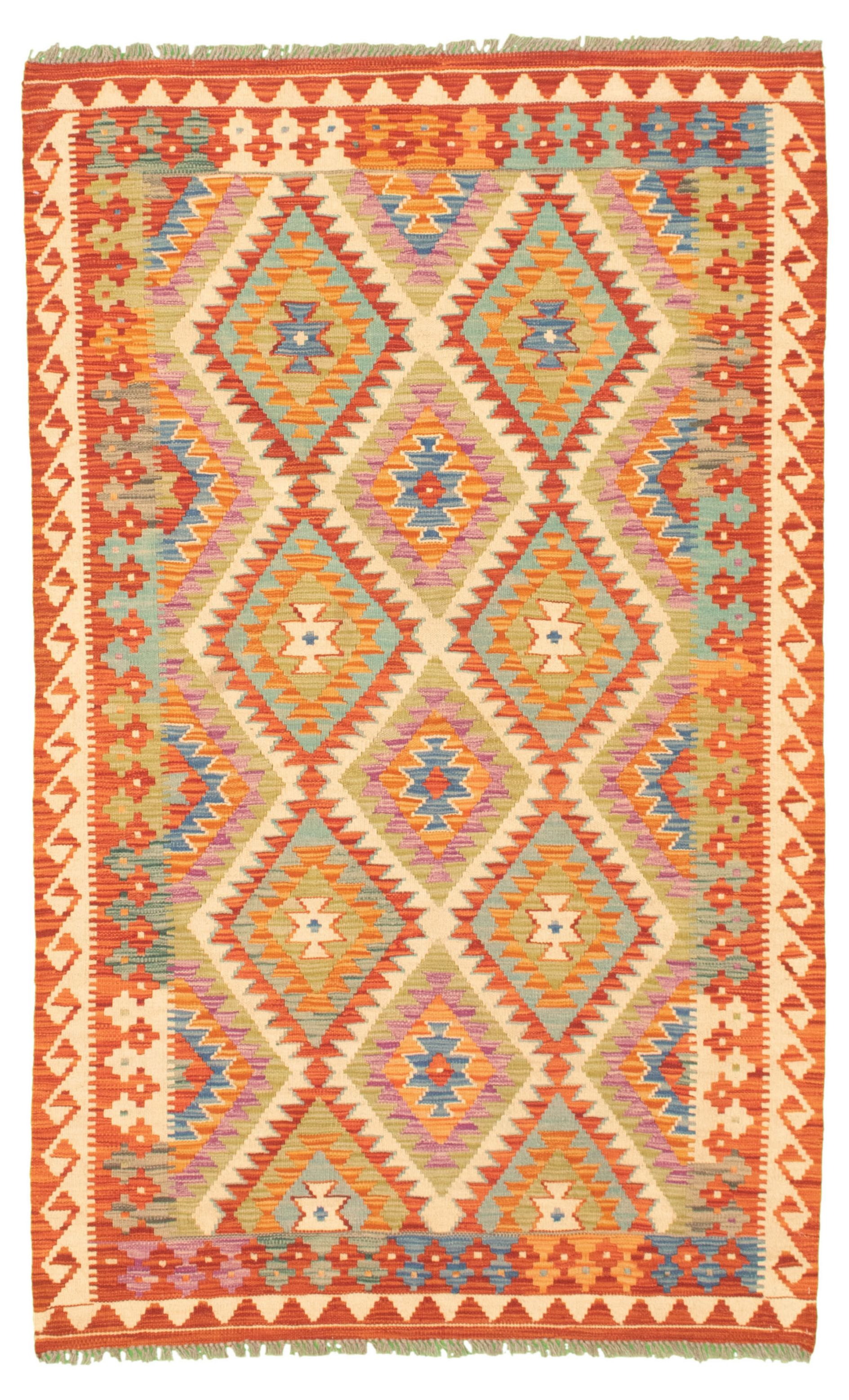 Hand woven Bold and Colorful  Red Wool Kilim 4'0" x 6'7" Size: 4'0" x 6'7"  