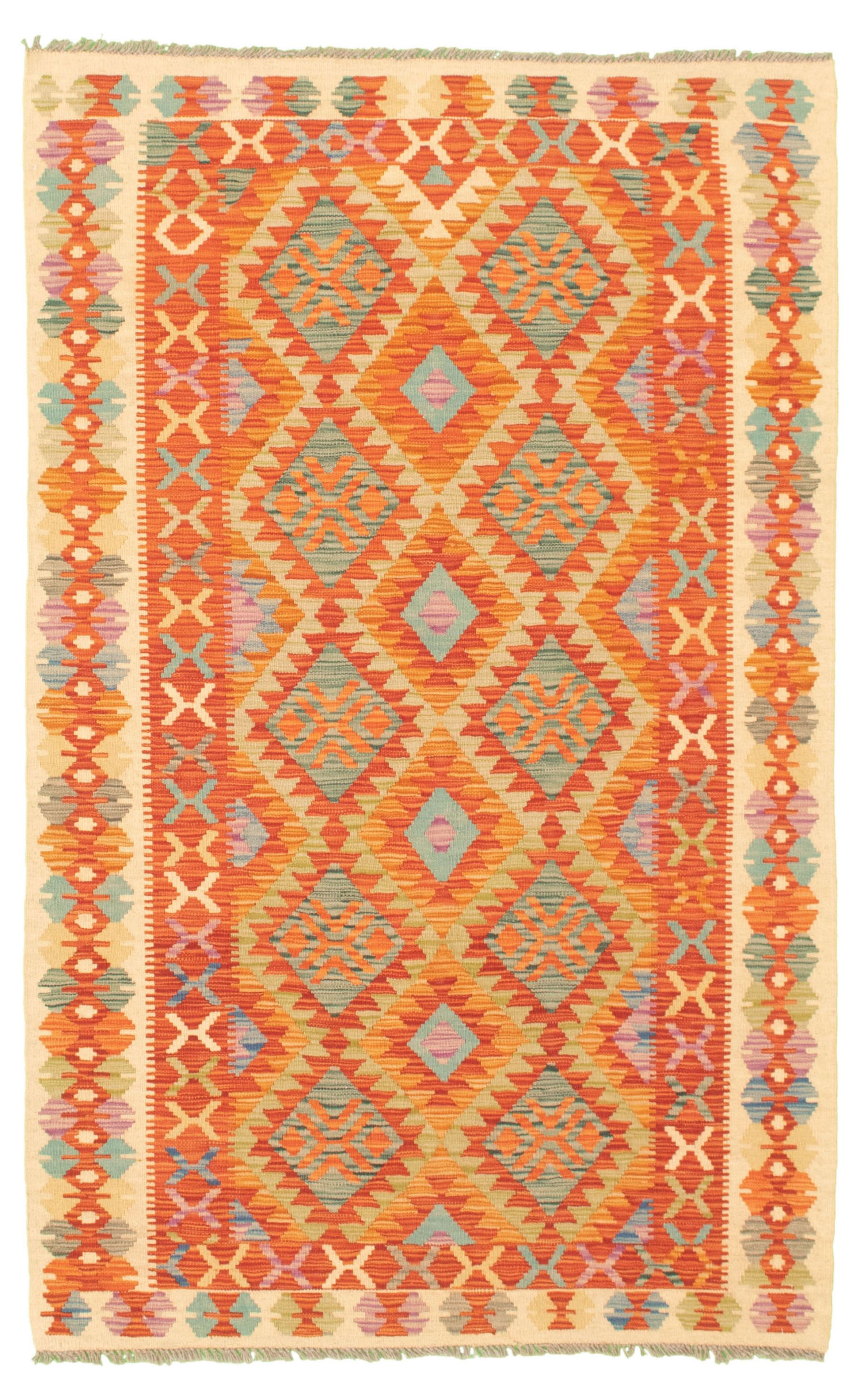 Hand woven Bold and Colorful  Dark Copper Wool Kilim 4'1" x 6'7" Size: 4'1" x 6'7"  