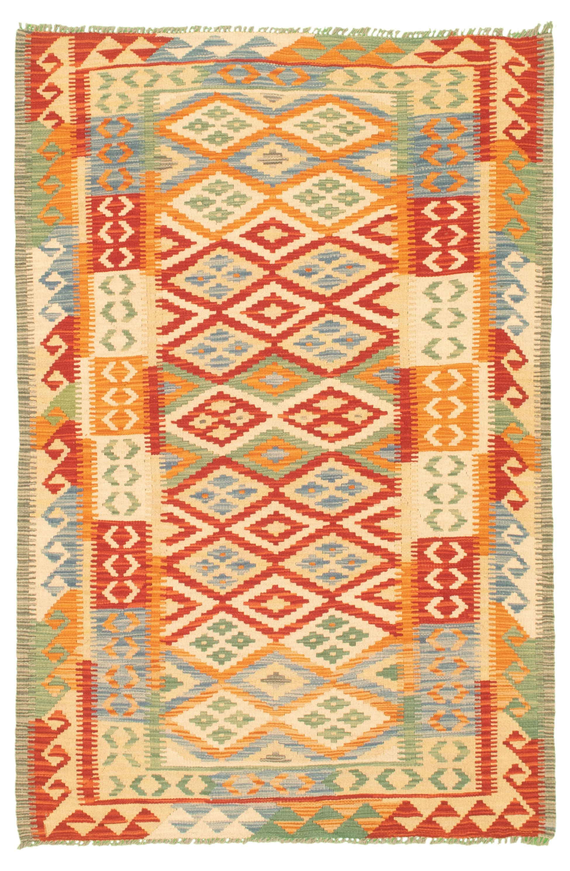 Hand woven Bold and Colorful  Cream Wool Kilim 4'2" x 6'2" Size: 4'2" x 6'2"  