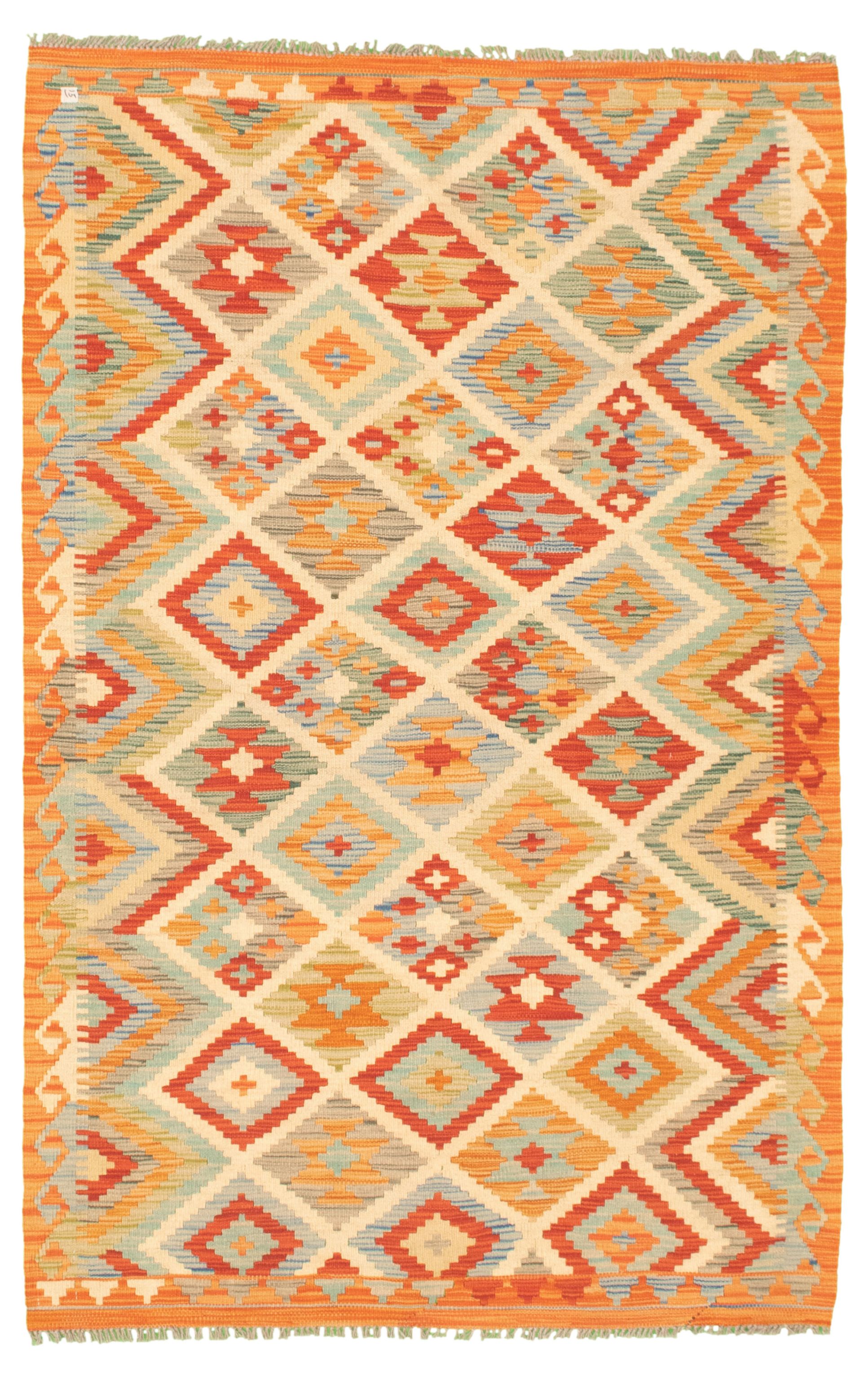 Hand woven Bold and Colorful  Cream Wool Kilim 4'2" x 6'7" Size: 4'2" x 6'7"  