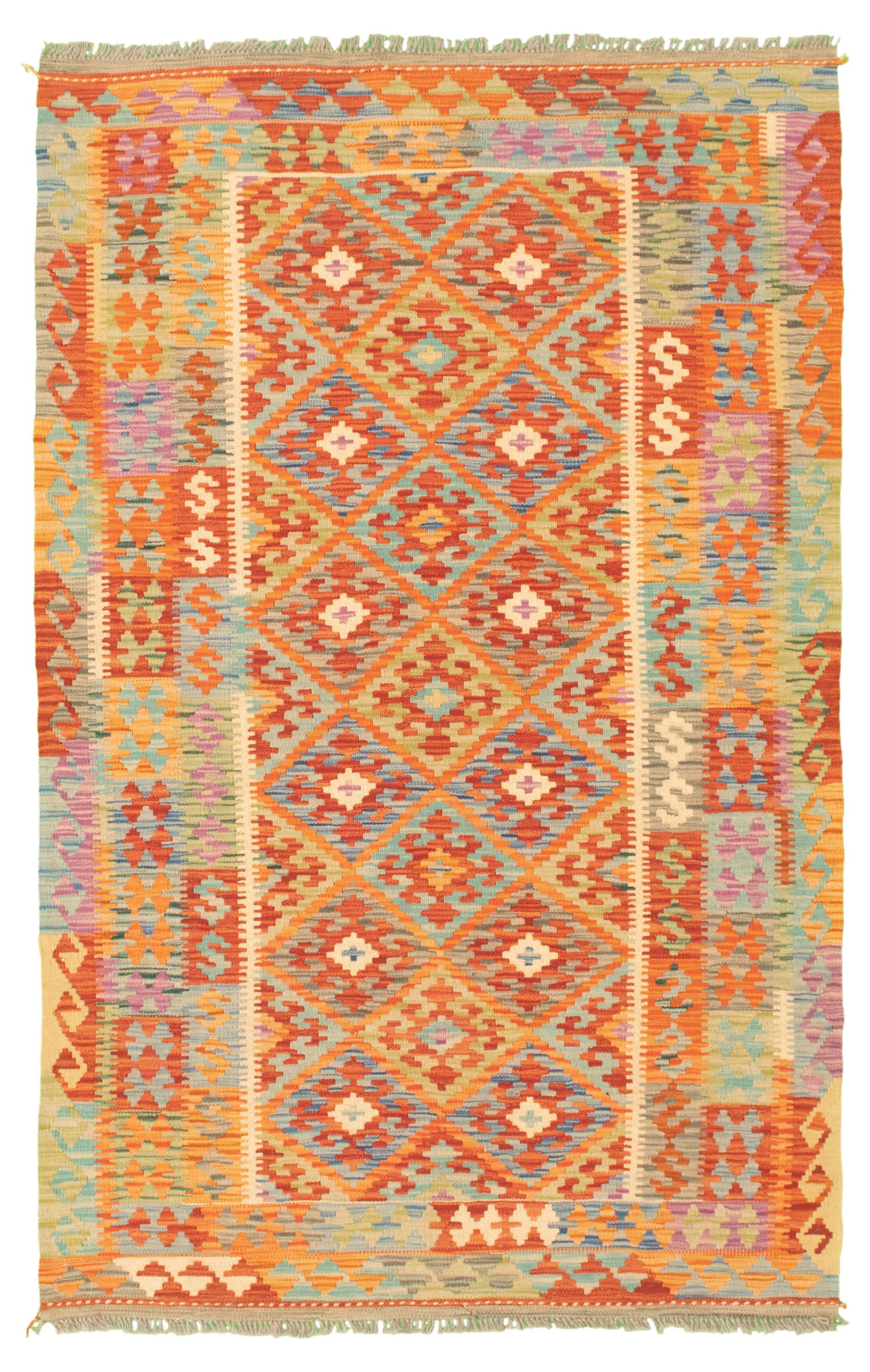 Hand woven Bold and Colorful  Red Wool Kilim 4'1" x 6'5" Size: 4'1" x 6'5"  