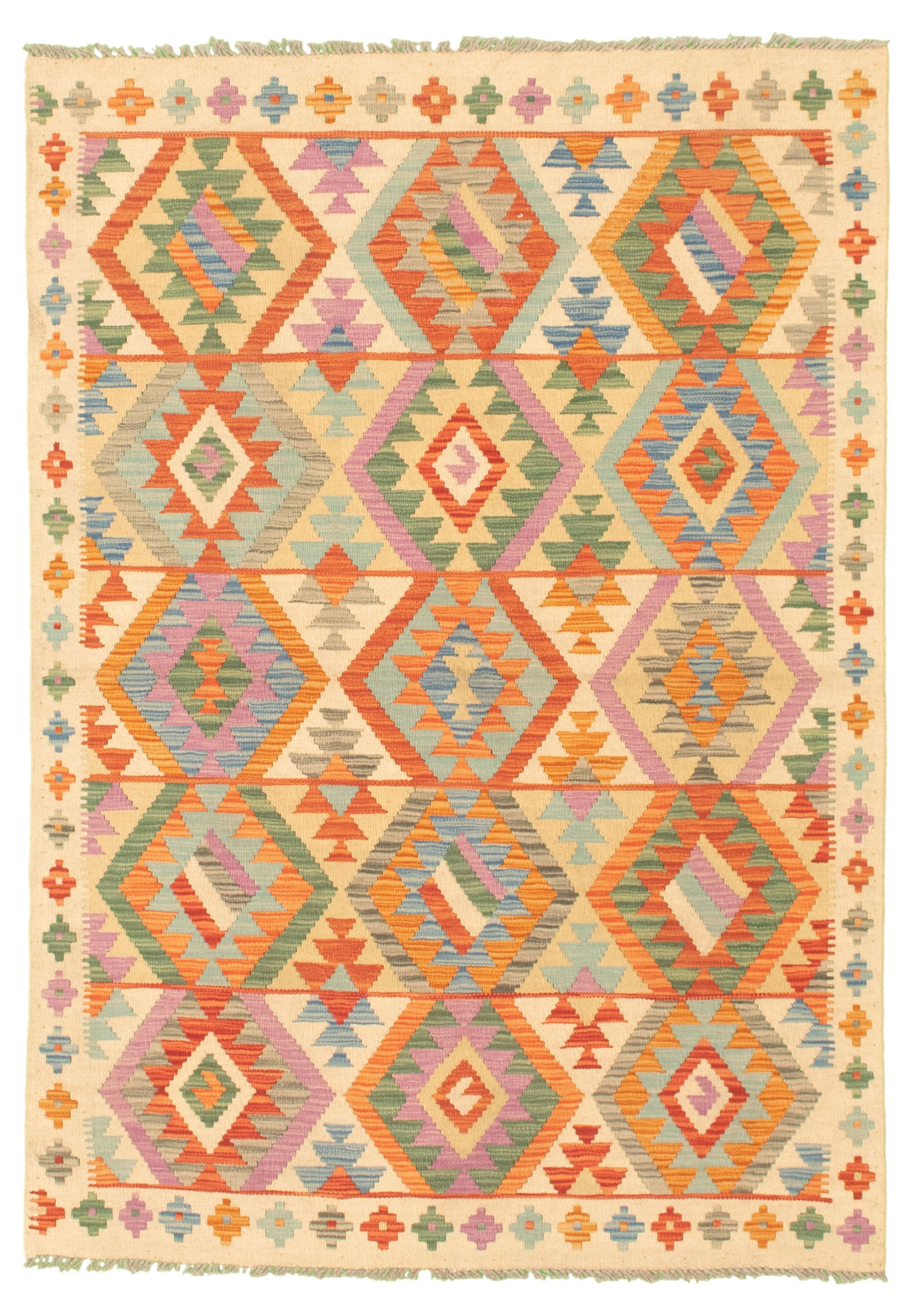 Hand woven Bold and Colorful  Cream Wool Kilim 4'4" x 6'1" Size: 4'4" x 6'1"  