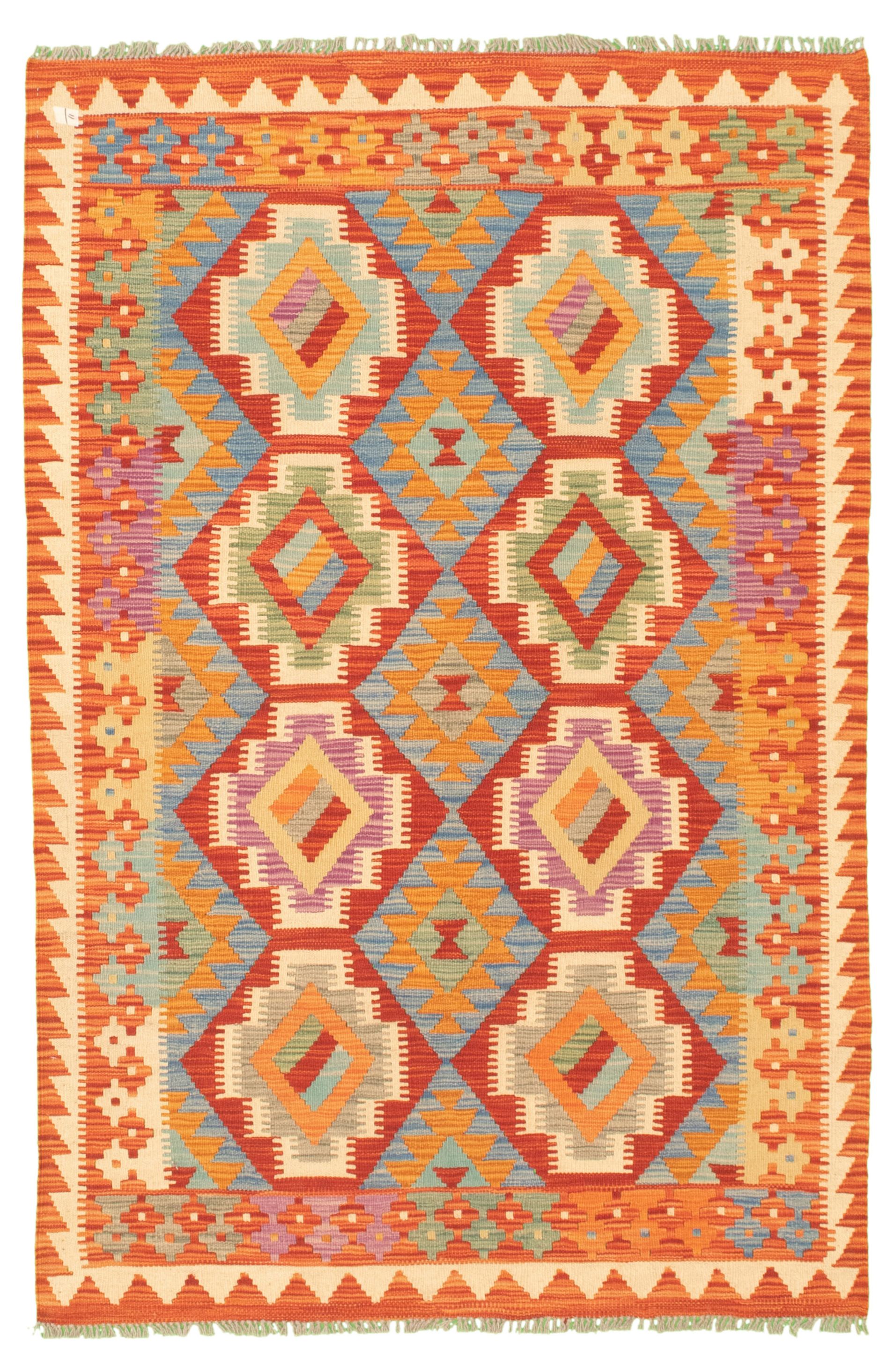 Hand woven Bold and Colorful  Red Wool Kilim 4'1" x 6'2" Size: 4'1" x 6'2"  