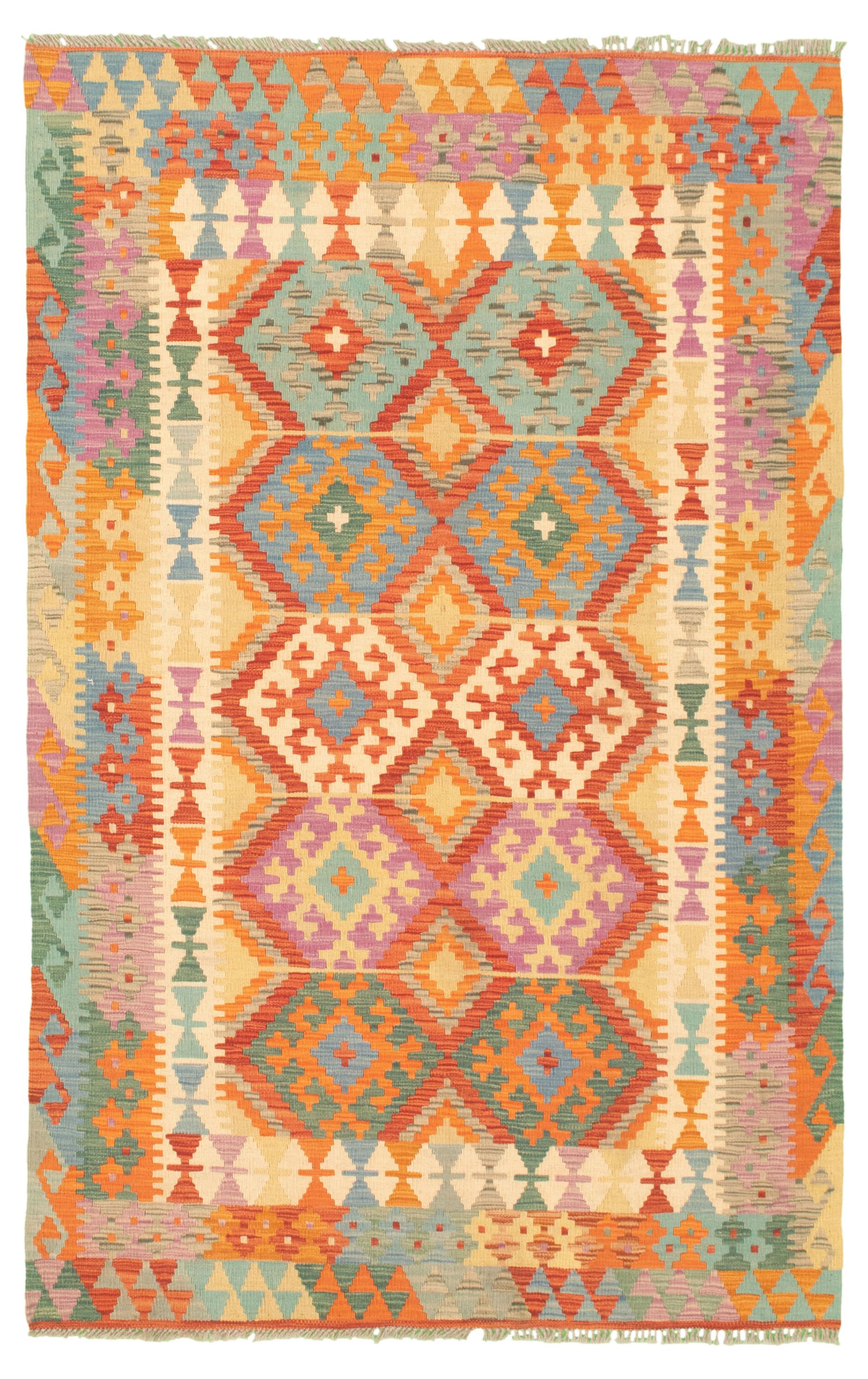 Hand woven Bold and Colorful  Cream Wool Kilim 4'3" x 6'7" Size: 4'3" x 6'7"  