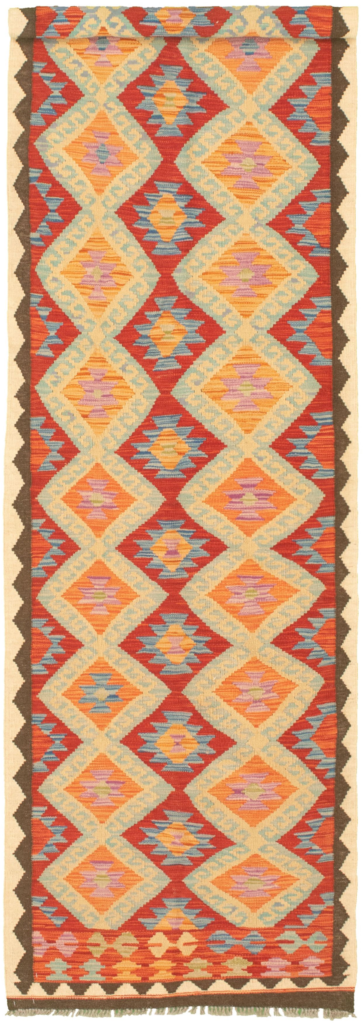 Hand woven Bold and Colorful  Cream, , Red Wool Kilim 2'8" x 10'0" Size: 2'8" x 10'0"  