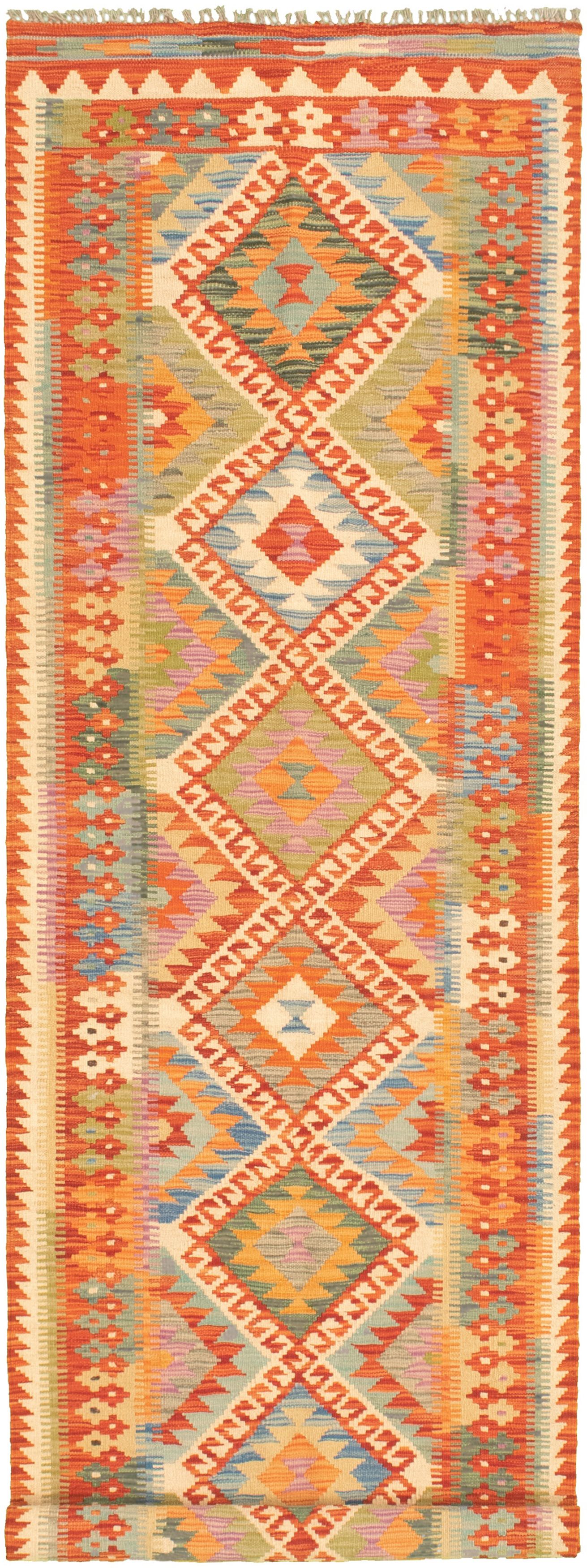 Hand woven Bold and Colorful  Dark Copper Wool Kilim 2'9" x 9'10" Size: 2'9" x 9'10"  