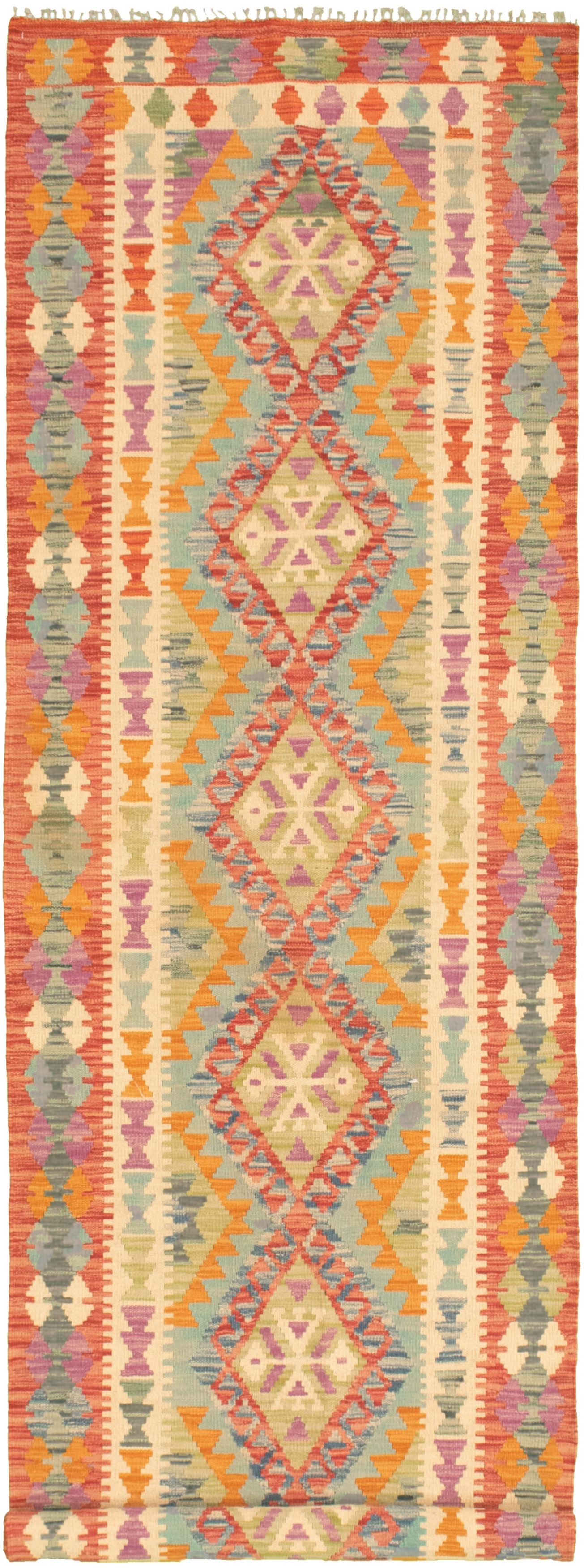 Hand woven Bold and Colorful  Cream, Red Wool Kilim 2'10" x 9'10" Size: 2'10" x 9'10"  