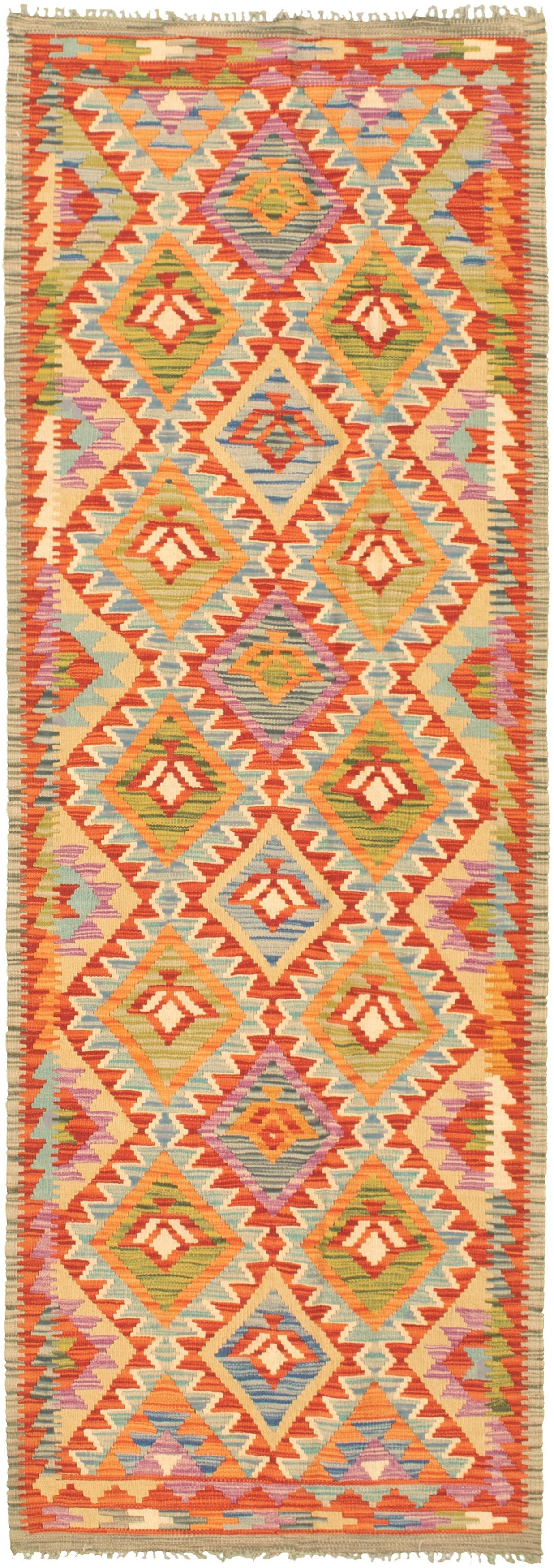 Hand woven Bold and Colorful  Red Wool Kilim 2'8" x 8'1" Size: 2'8" x 8'1"  