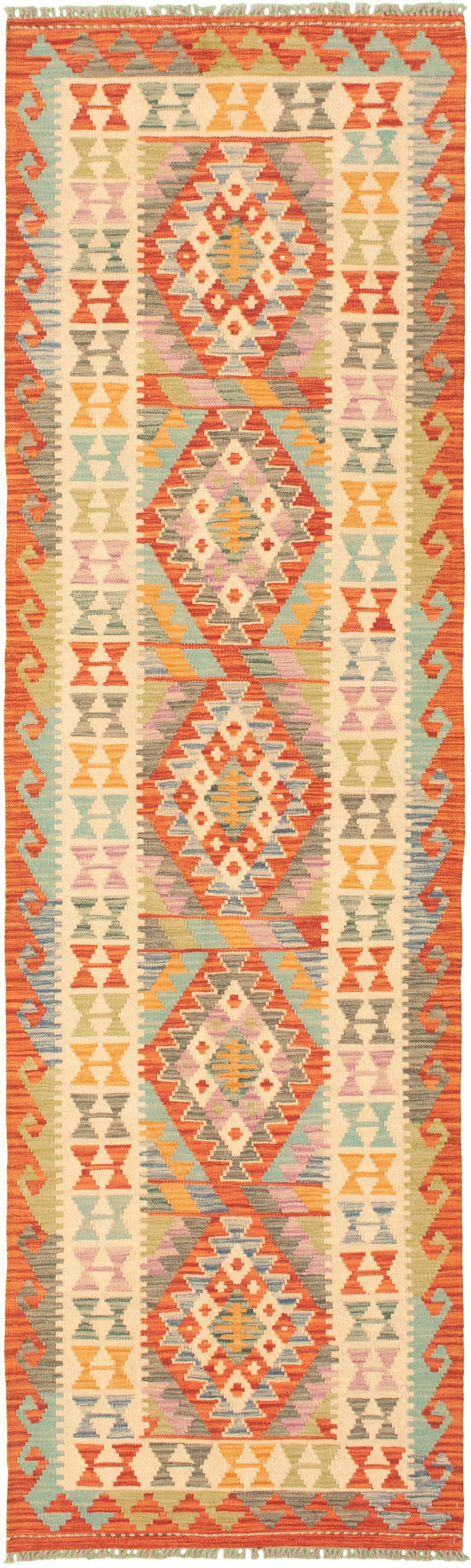 Hand woven Bold and Colorful  Cream Wool Kilim 2'9" x 9'9" Size: 2'9" x 9'9"  