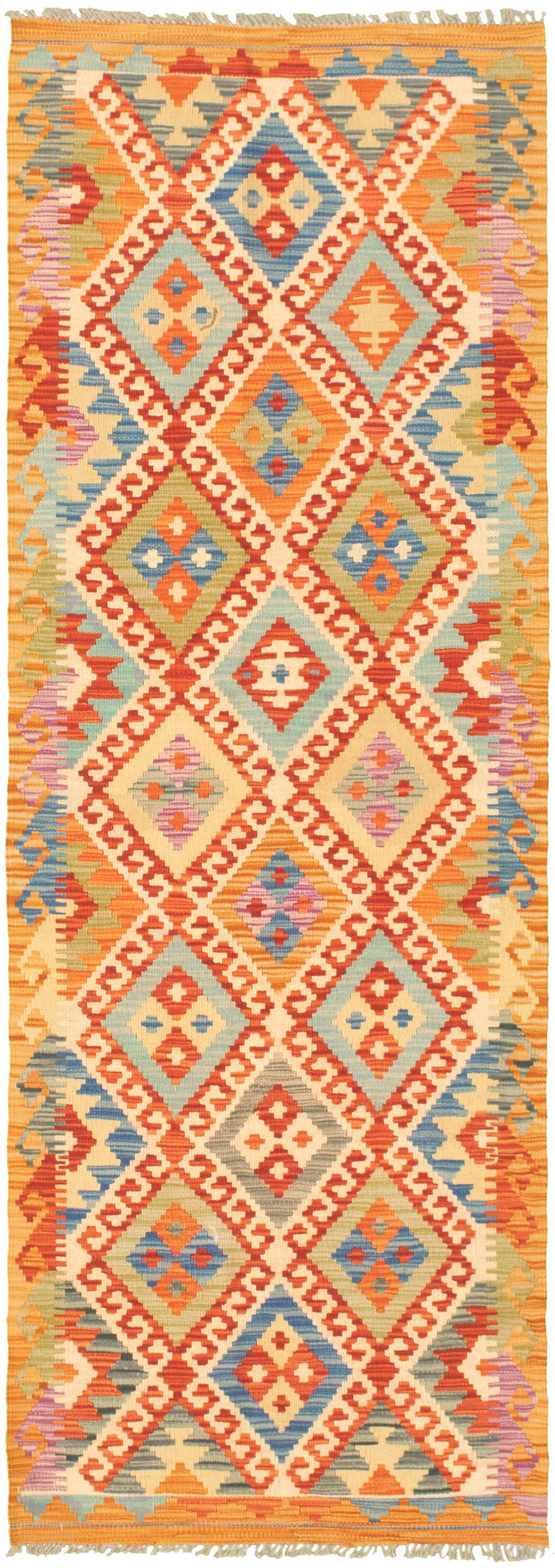 Hand woven Bold and Colorful  Cream Wool Kilim 2'7" x 7'10" Size: 2'7" x 7'10"  