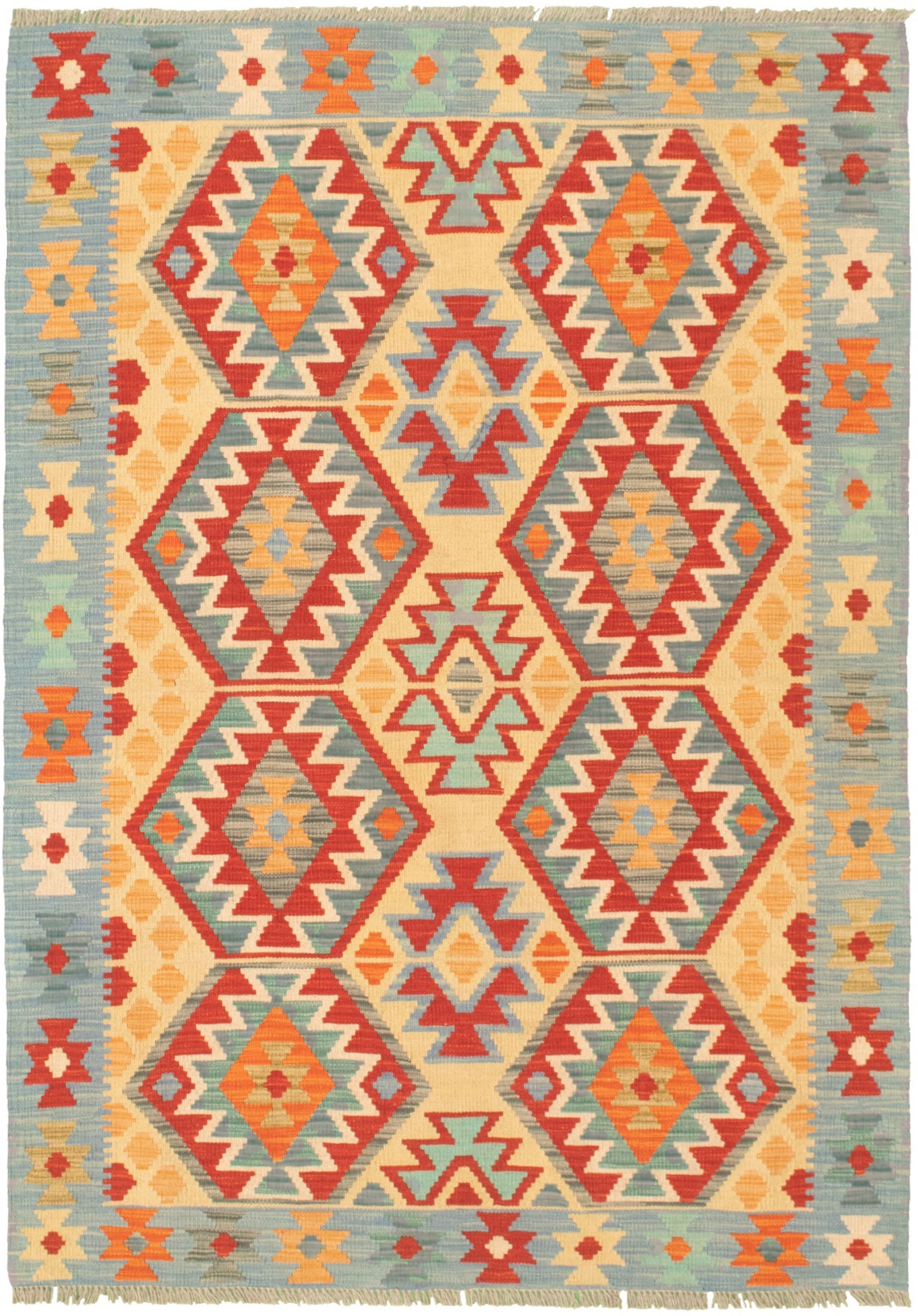 Hand woven Bold and Colorful  Ivory Wool Kilim 4'5" x 6'3" Size: 4'5" x 6'3"  