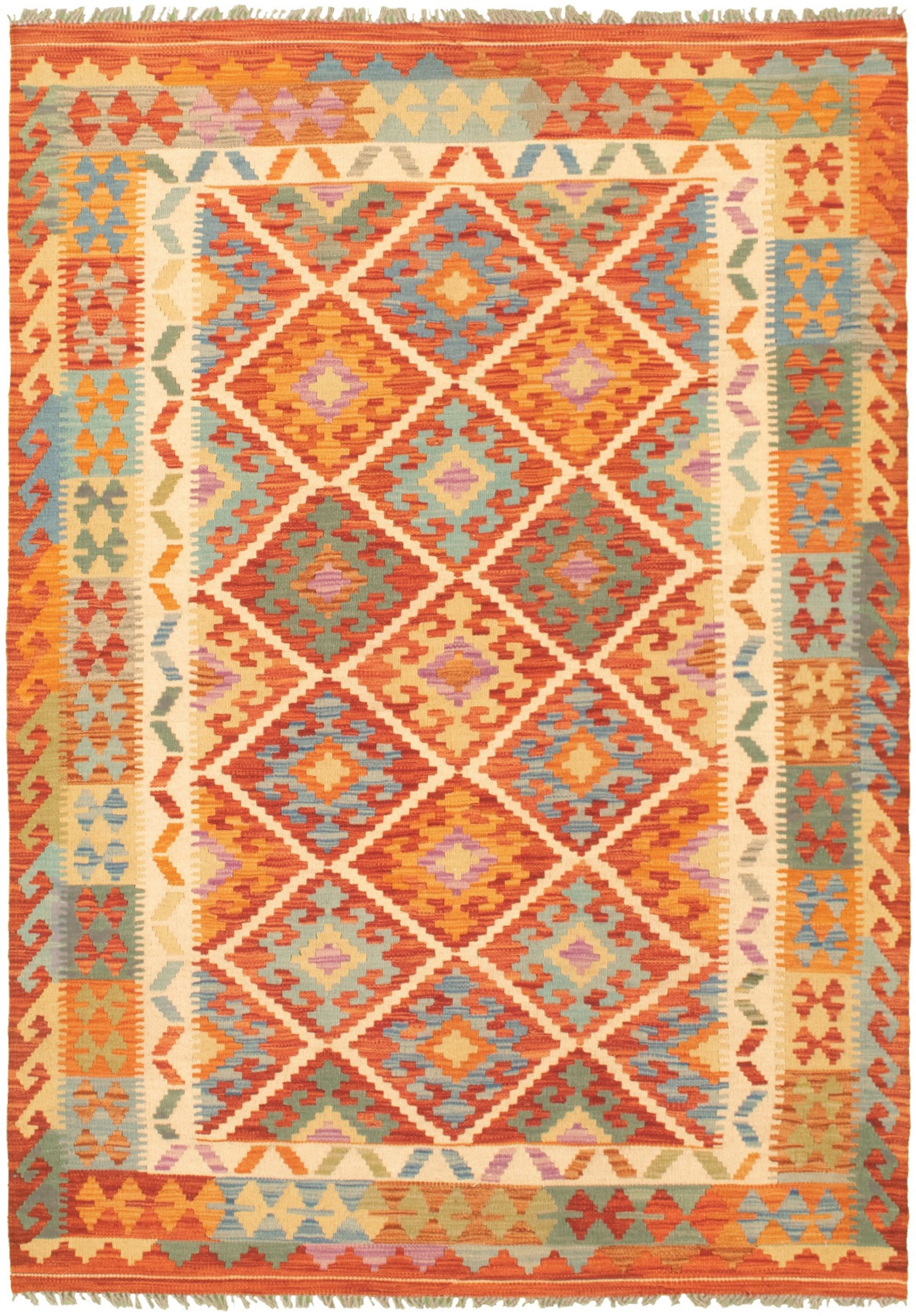 Hand woven Bold and Colorful  Dark Copper Wool Kilim 4'4" x 6'3" Size: 4'4" x 6'3"  