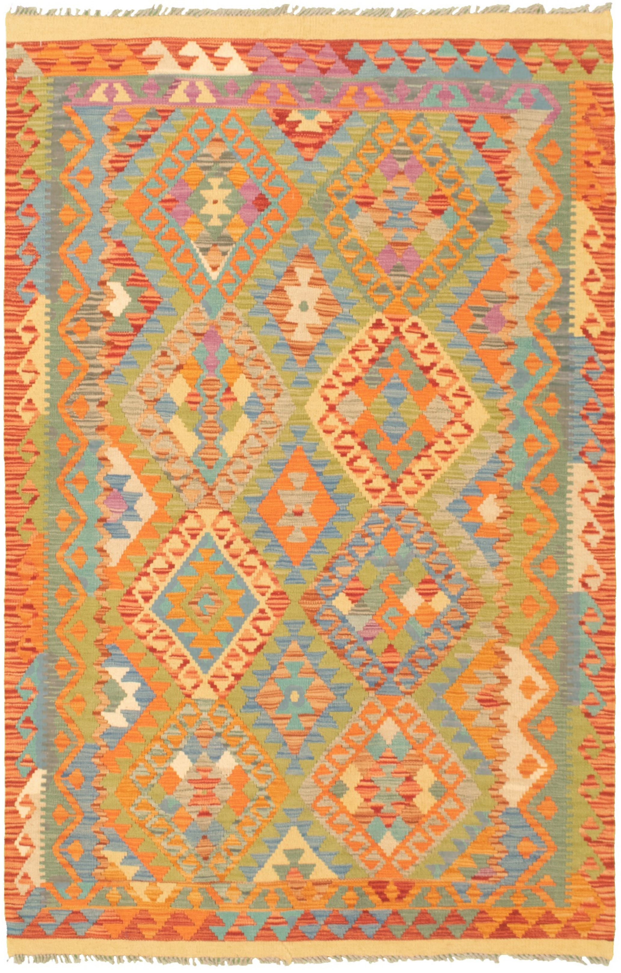 Hand woven Bold and Colorful  Olive Wool Kilim 4'1" x 6'5" Size: 4'1" x 6'5"  