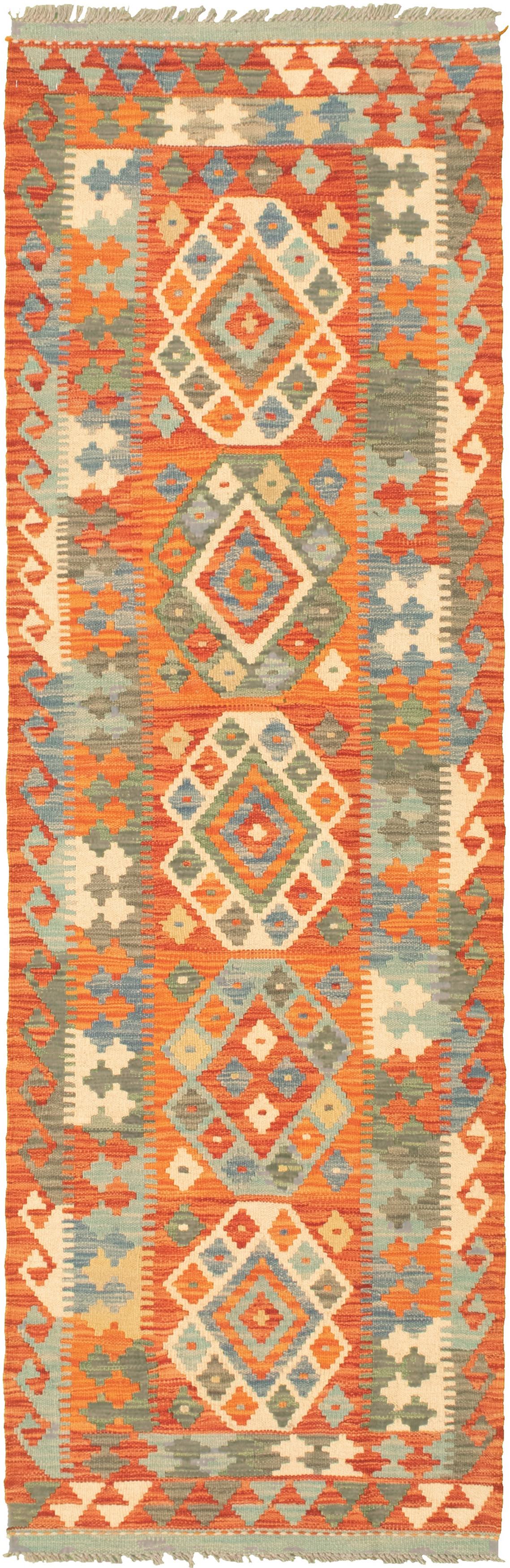 Hand woven Bold and Colorful  Dark Copper Wool Kilim 2'4" x 7'9" Size: 2'4" x 7'9"  