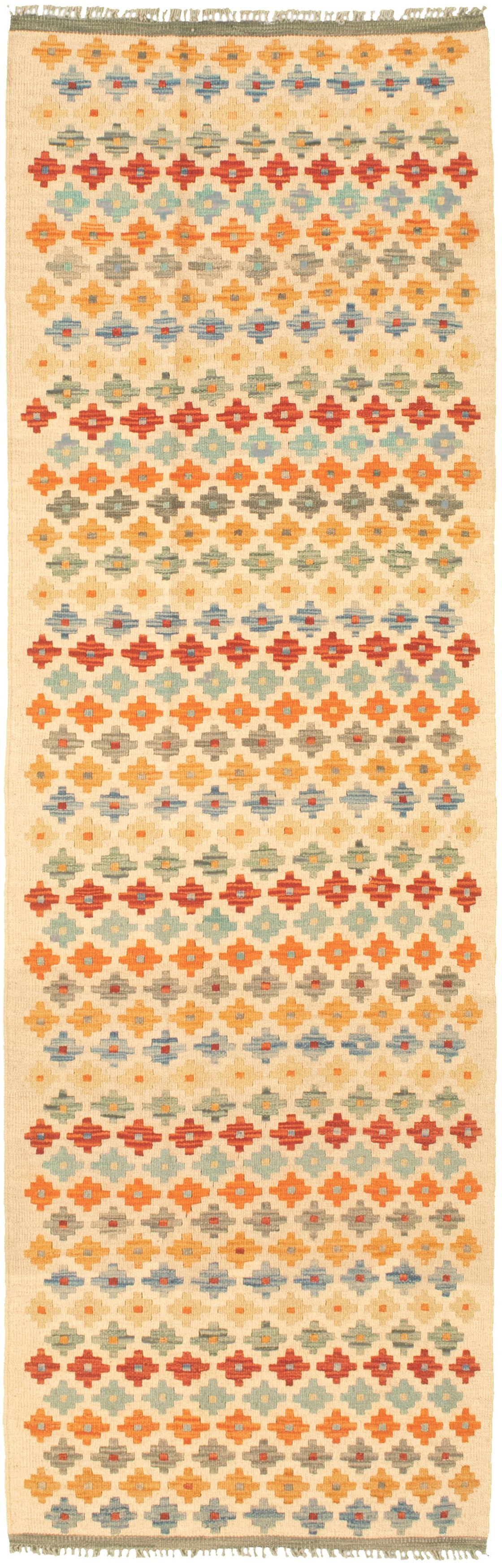 Hand woven Bold and Colorful  Cream Wool Kilim 2'6" x 8'3" Size: 2'6" x 8'3"  