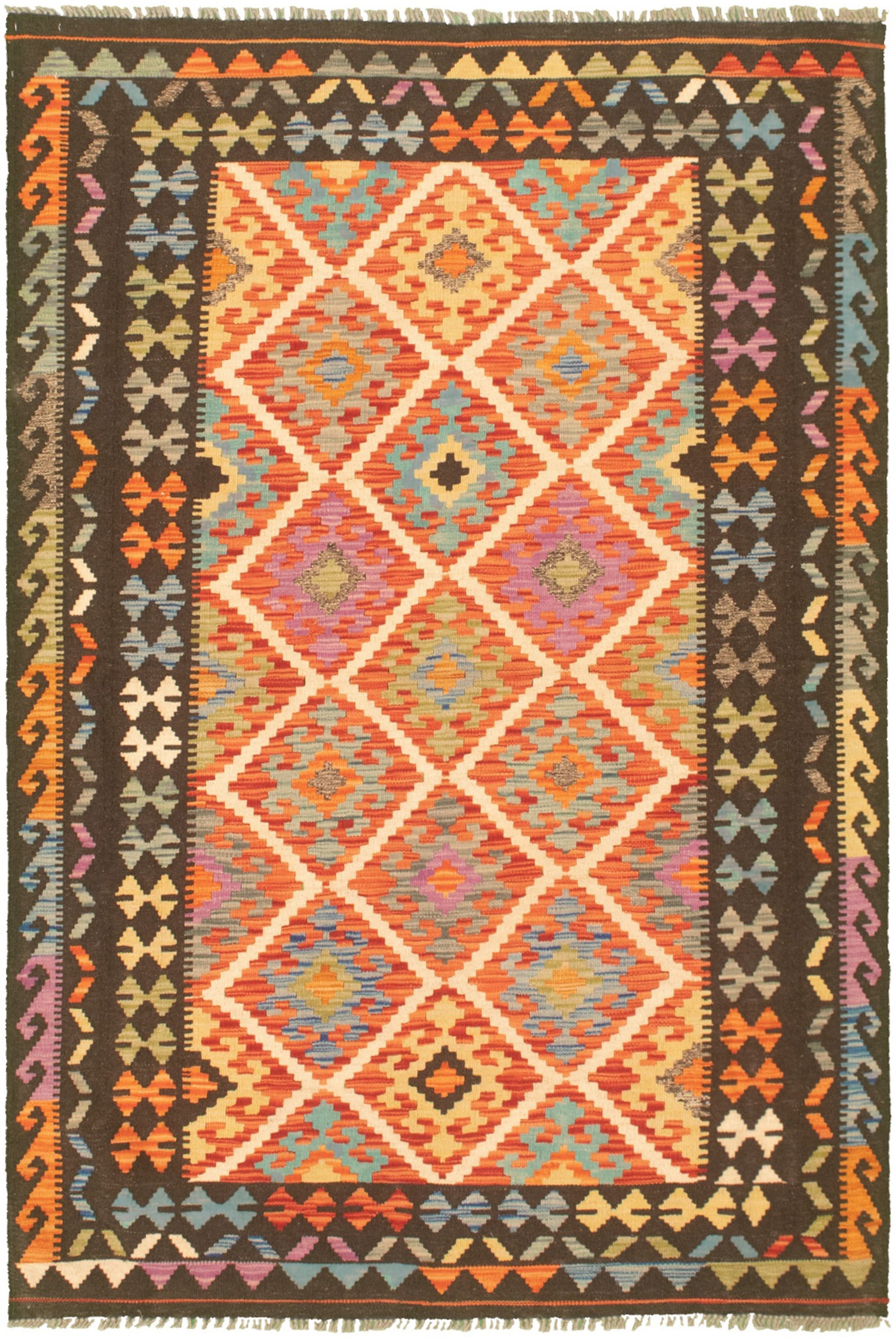 Hand woven Bold and Colorful  Dark Brown Wool Kilim 4'5" x 6'5" Size: 4'5" x 6'5"  