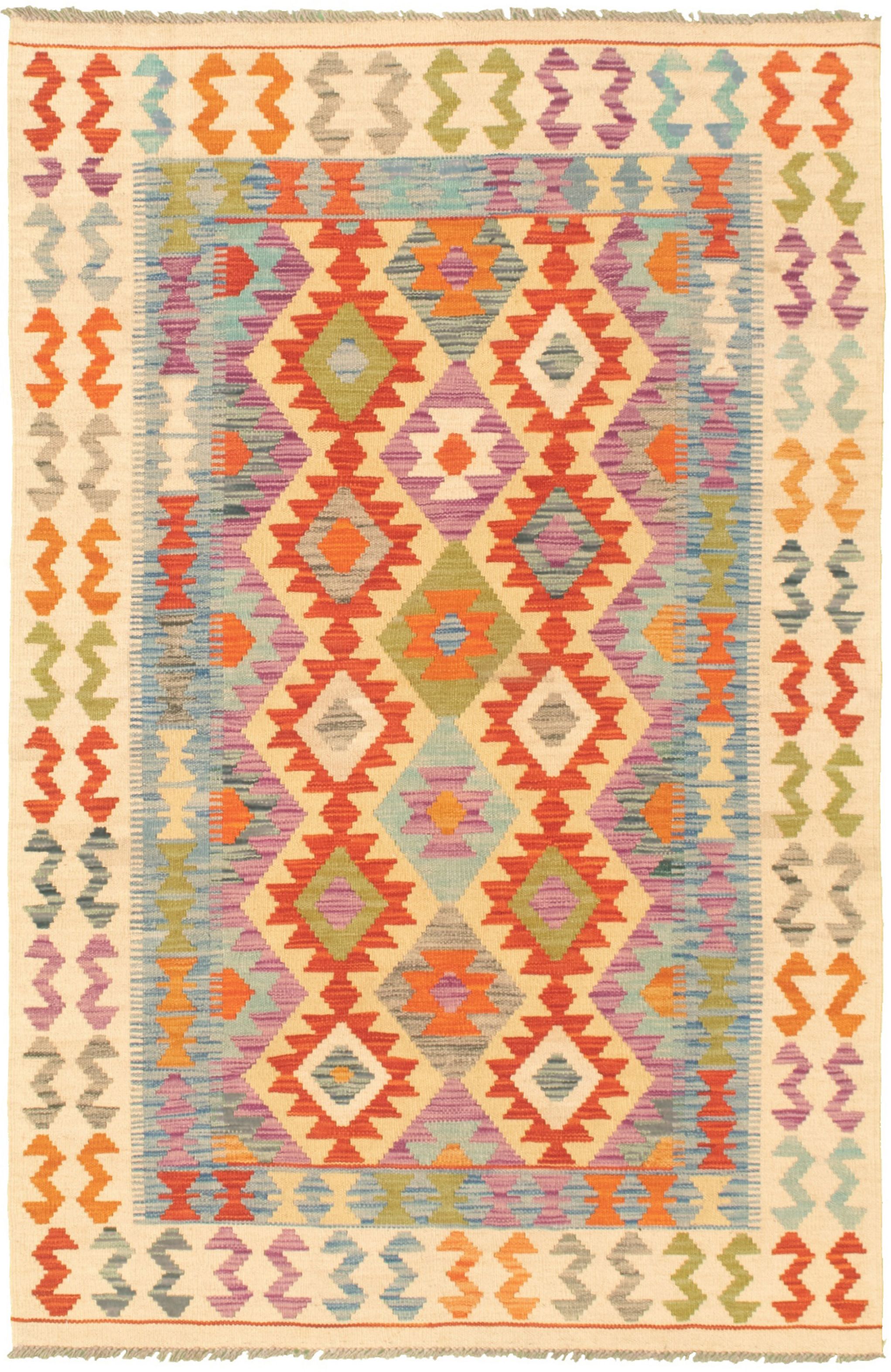 Hand Woven Bold And Colorful Cream Wool Kilim 4