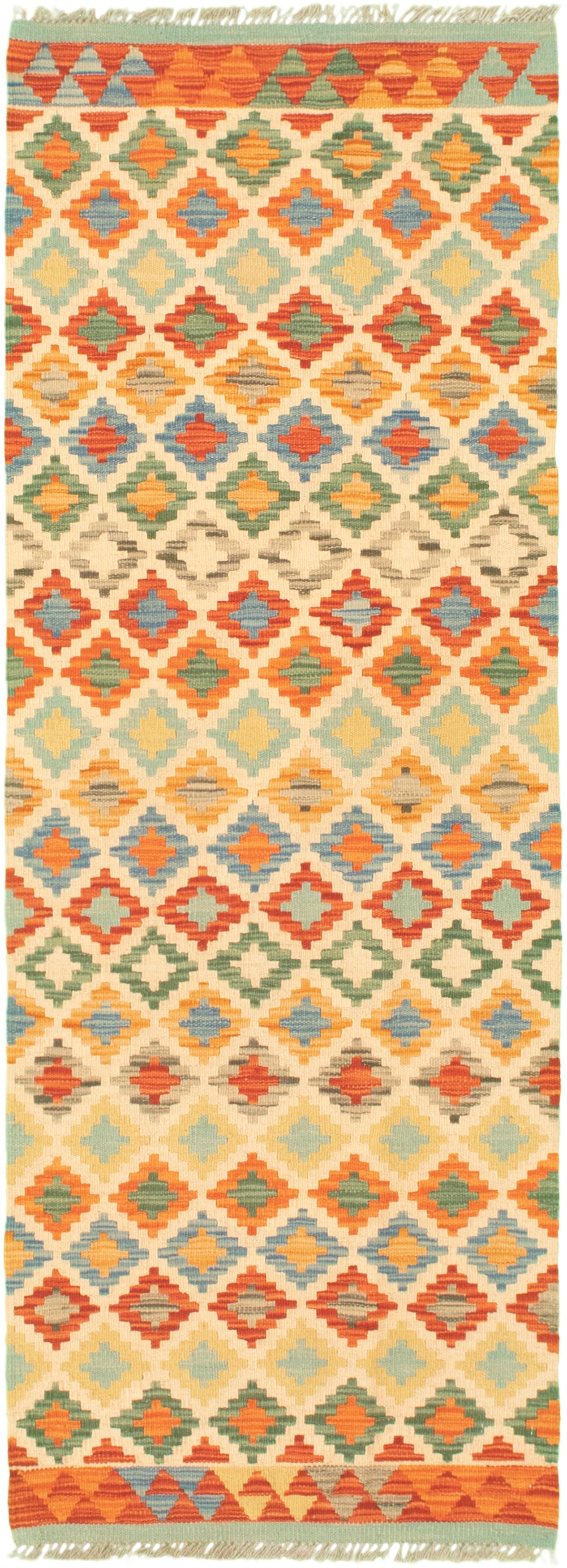 Hand woven Bold and Colorful  Cream Wool Kilim 2'2" x 6'2" Size: 2'2" x 6'2"  