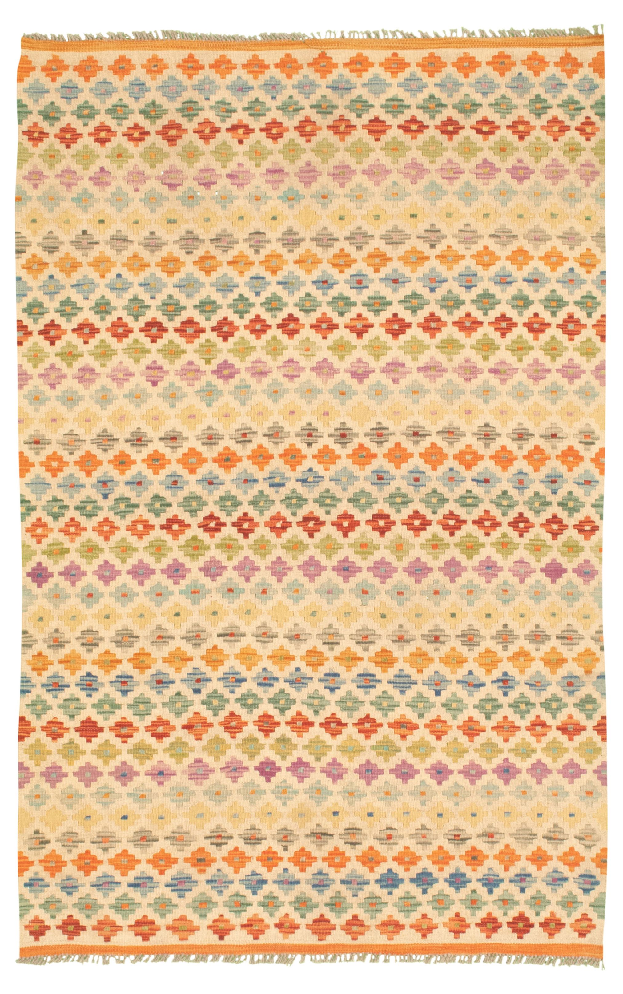 Hand woven Bold and Colorful  Cream Wool Kilim 4'2" x 6'3" Size: 4'2" x 6'3"  