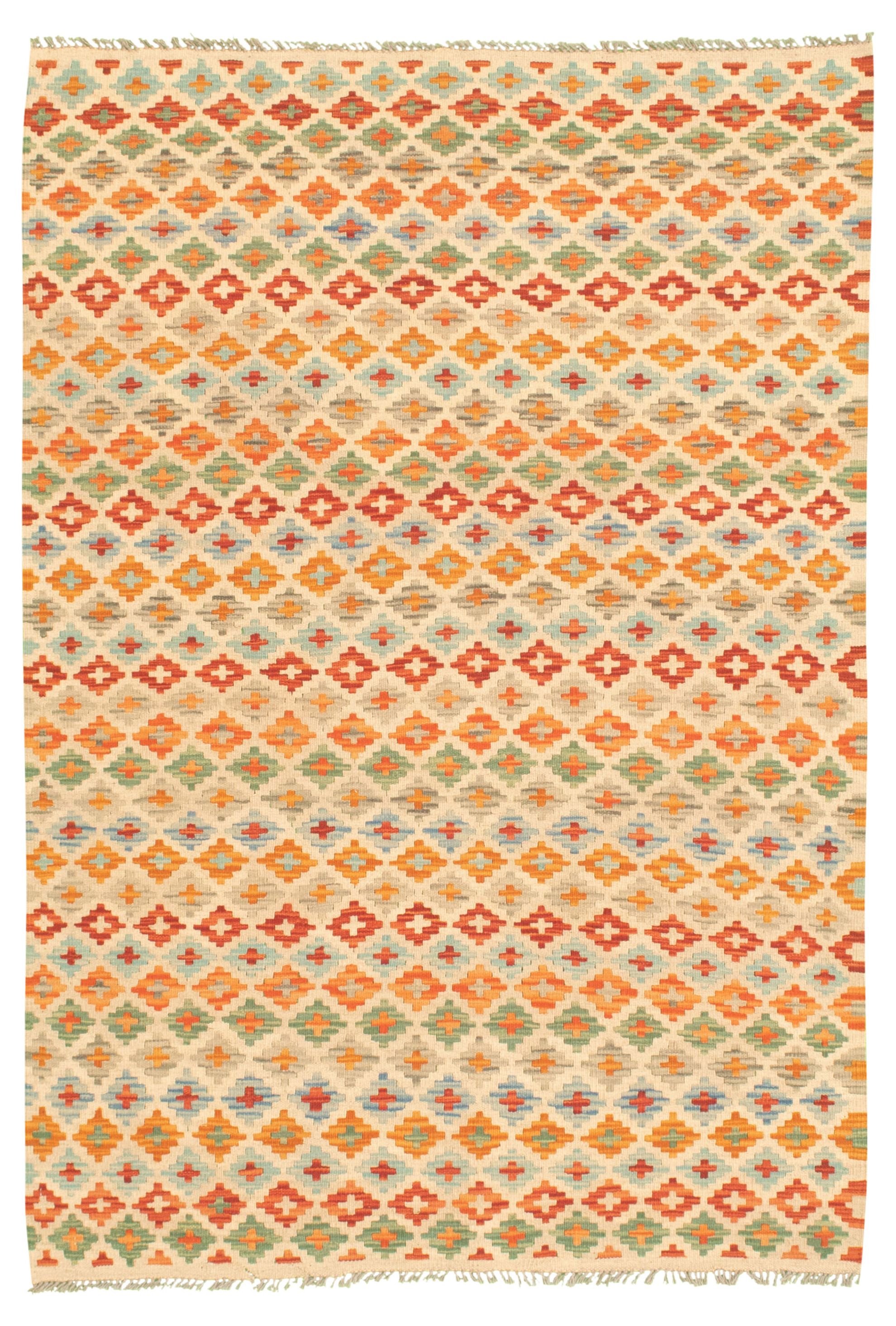 Hand woven Bold and Colorful  Cream Wool Kilim 4'4" x 6'3"  Size: 4'4" x 6'3"  