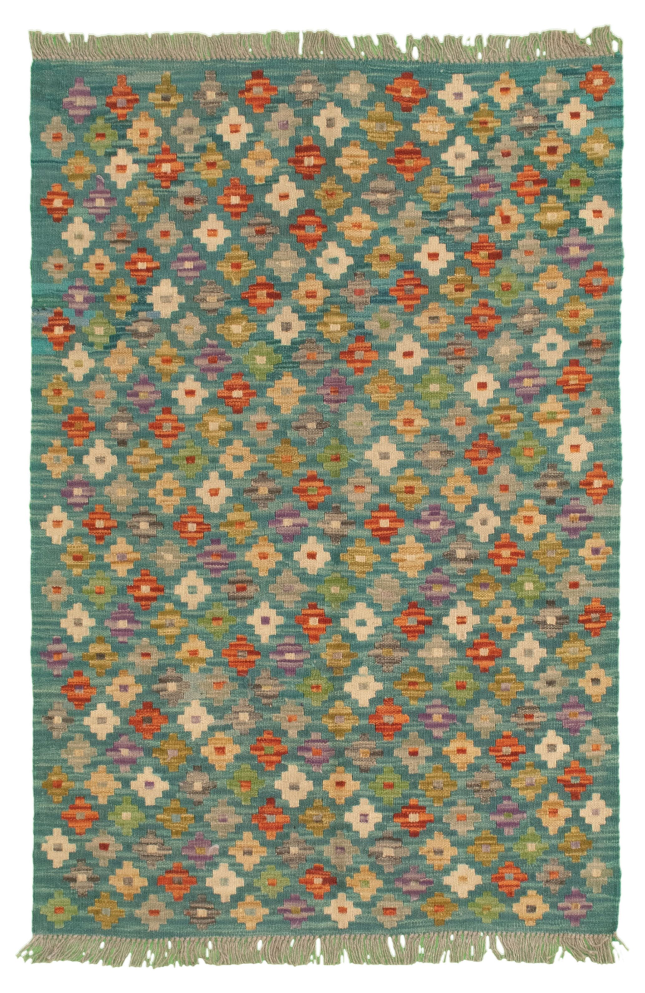 Hand woven Bold and Colorful  Turquoise Wool Kilim 3'2" x 4'10" Size: 3'2" x 4'10"  