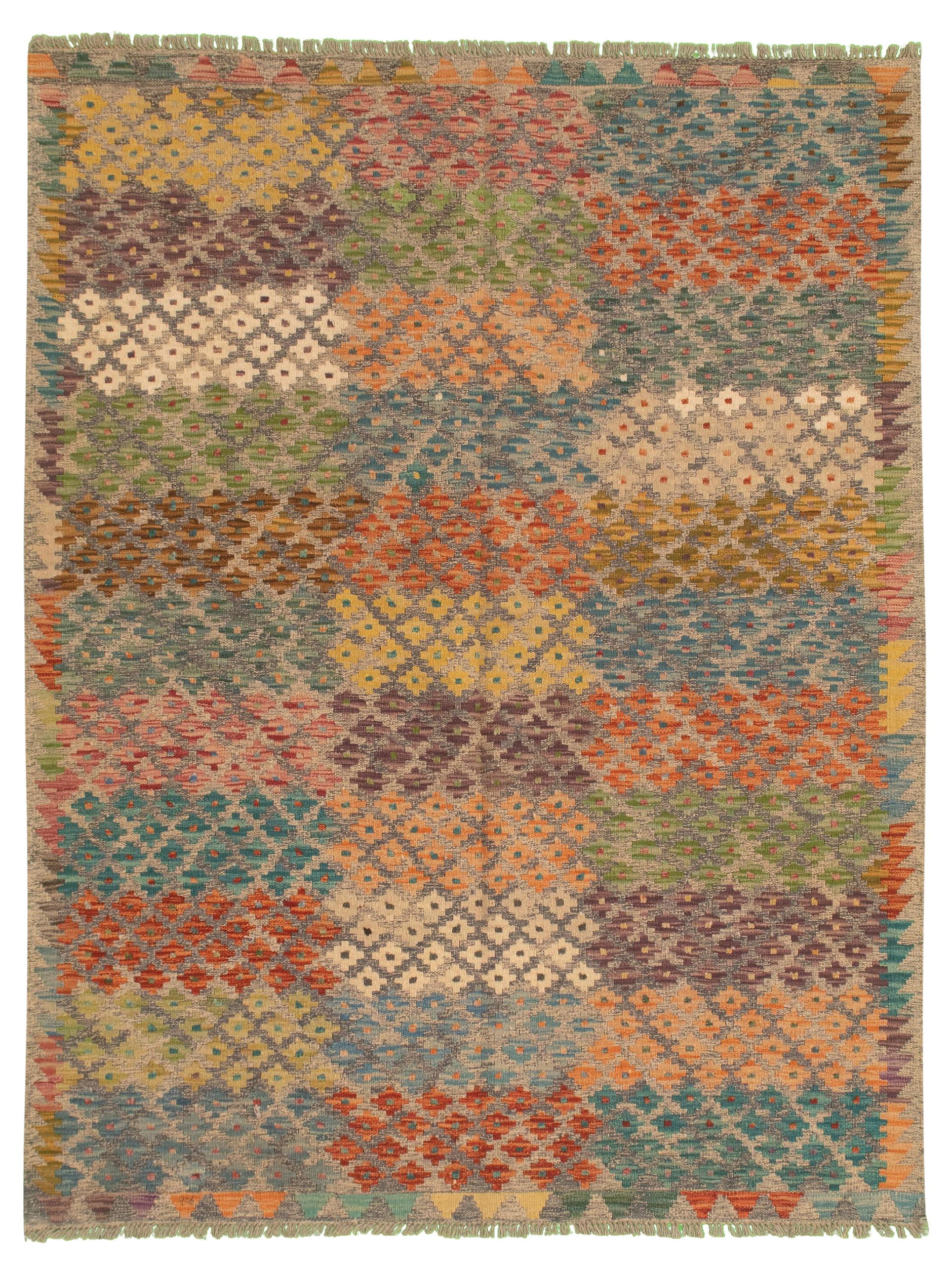 Hand woven Bold and Colorful  Grey Wool Kilim 4'10" x 6'6" Size: 4'10" x 6'6"  