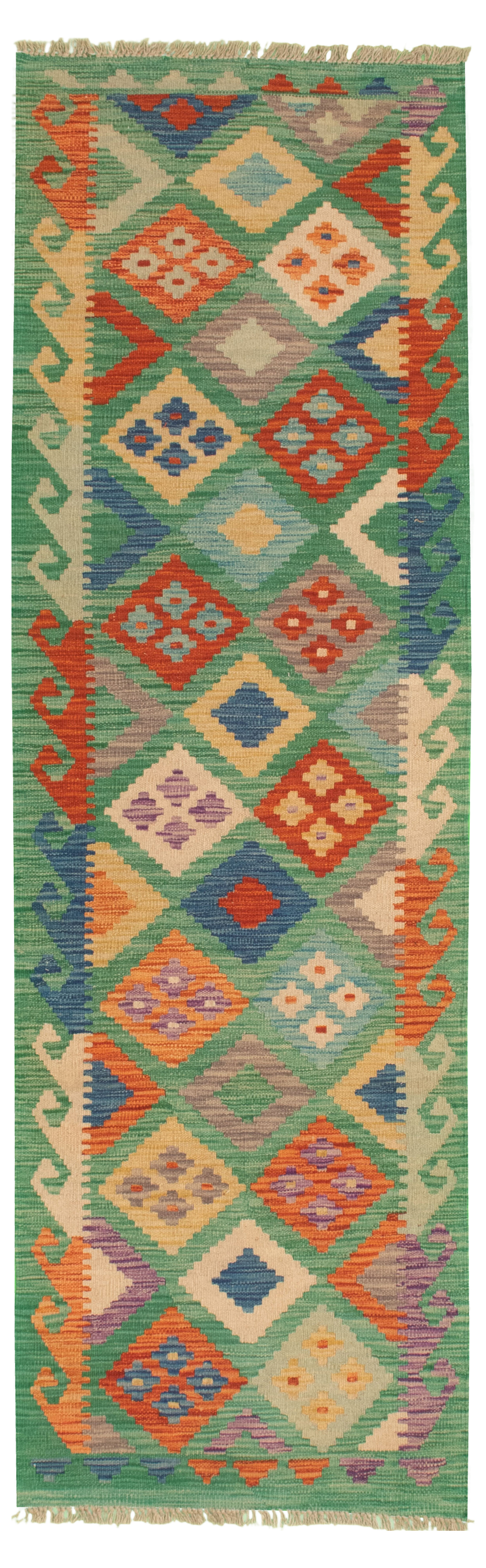Hand woven Bold and Colorful  Turquoise Wool Kilim 2'7" x 8'4" Size: 2'7" x 8'4"  