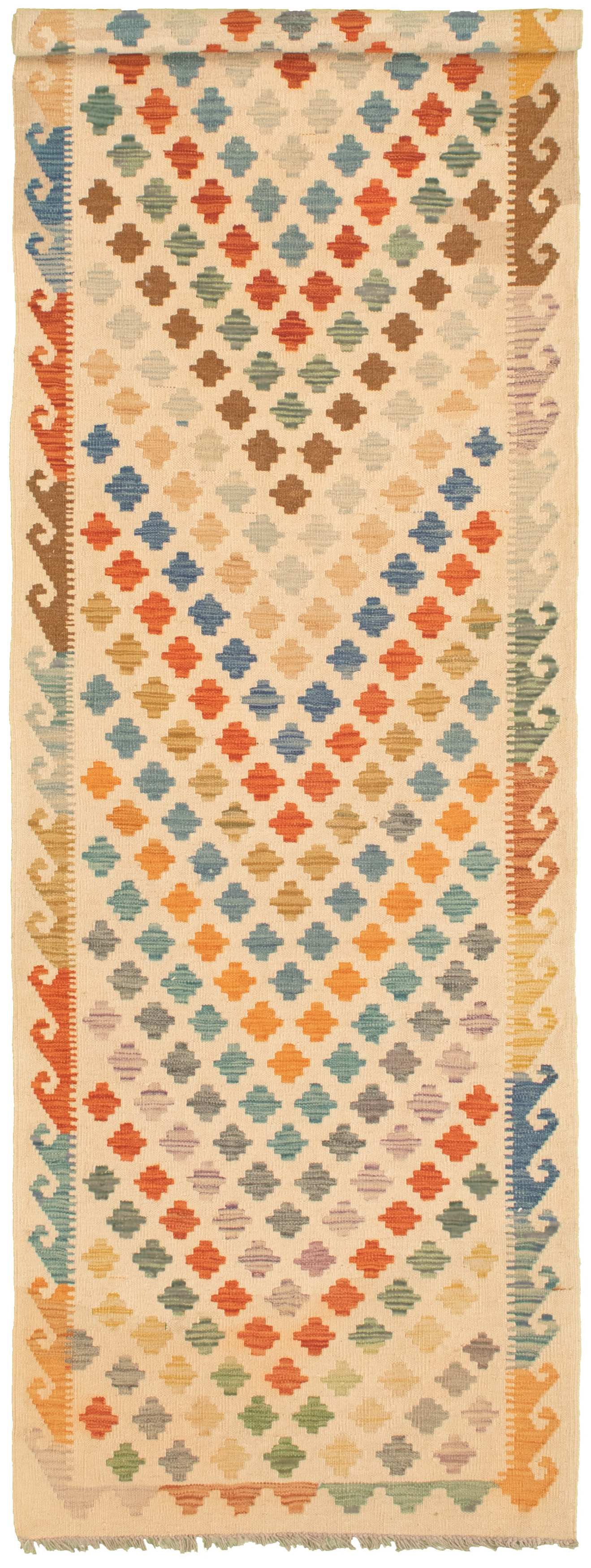 Hand woven Bold and Colorful  Cream Wool Kilim 3'0" x 9'9" Size: 3'0" x 9'9"  