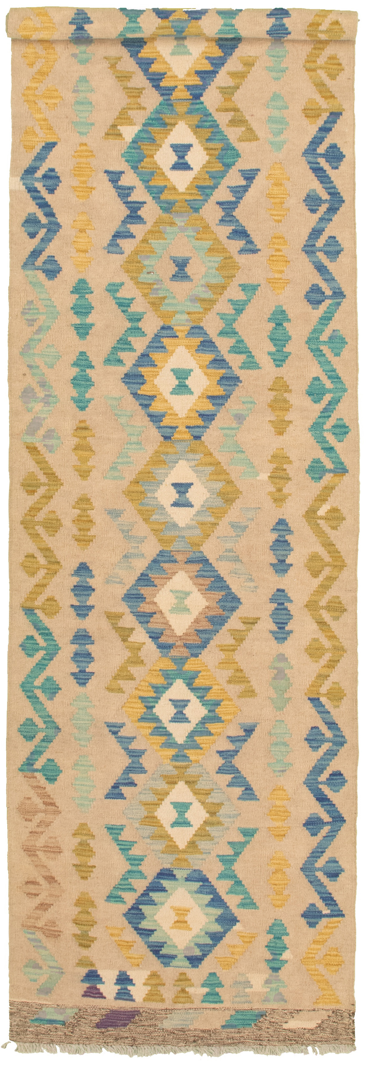 Hand woven Bold and Colorful  Ivory Wool Kilim 2'7" x 9'10" Size: 2'7" x 9'10"  
