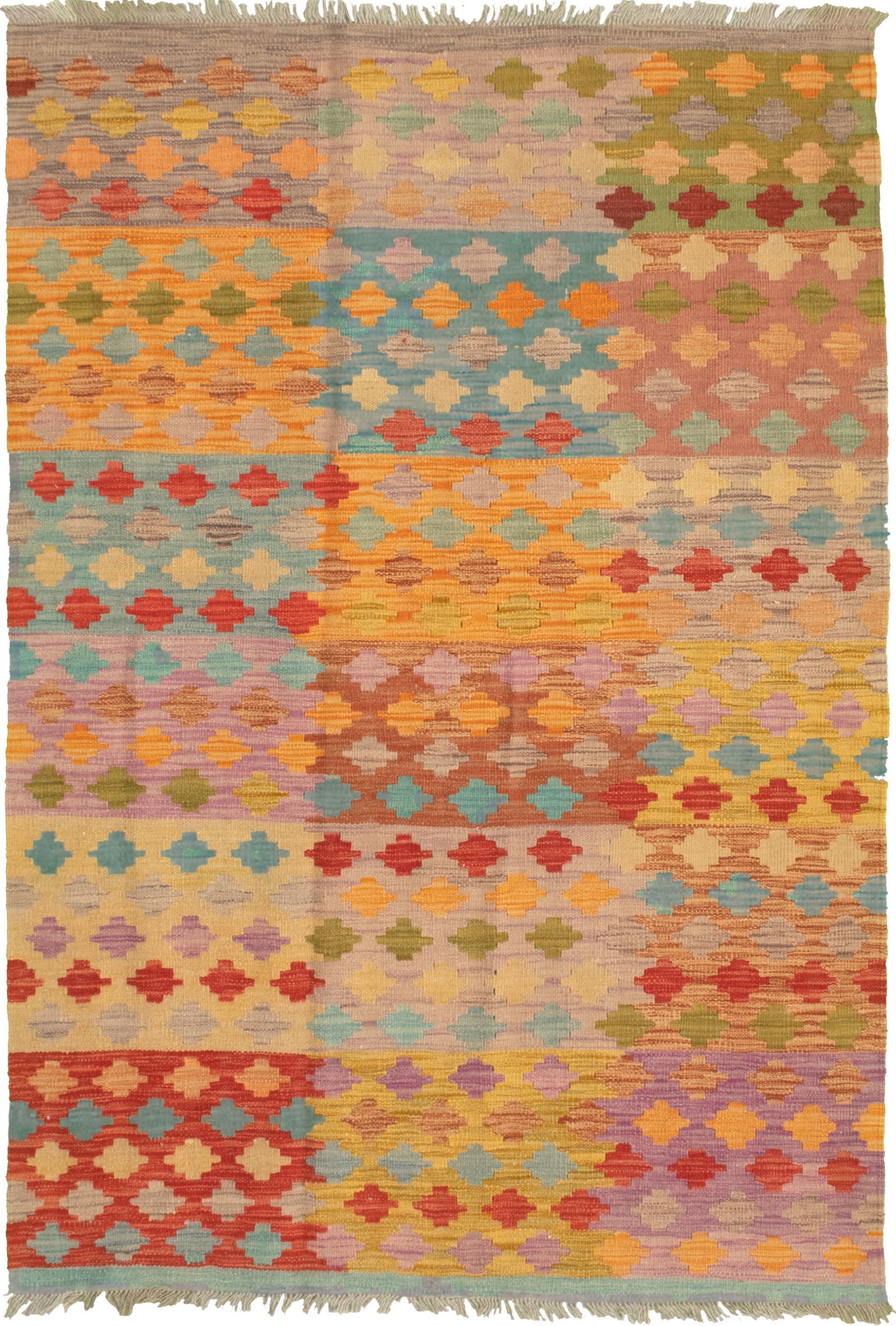 Hand woven Bold and Colorful  Dark Copper Wool Kilim 4'0" x 6'0" Size: 4'0" x 6'0"  