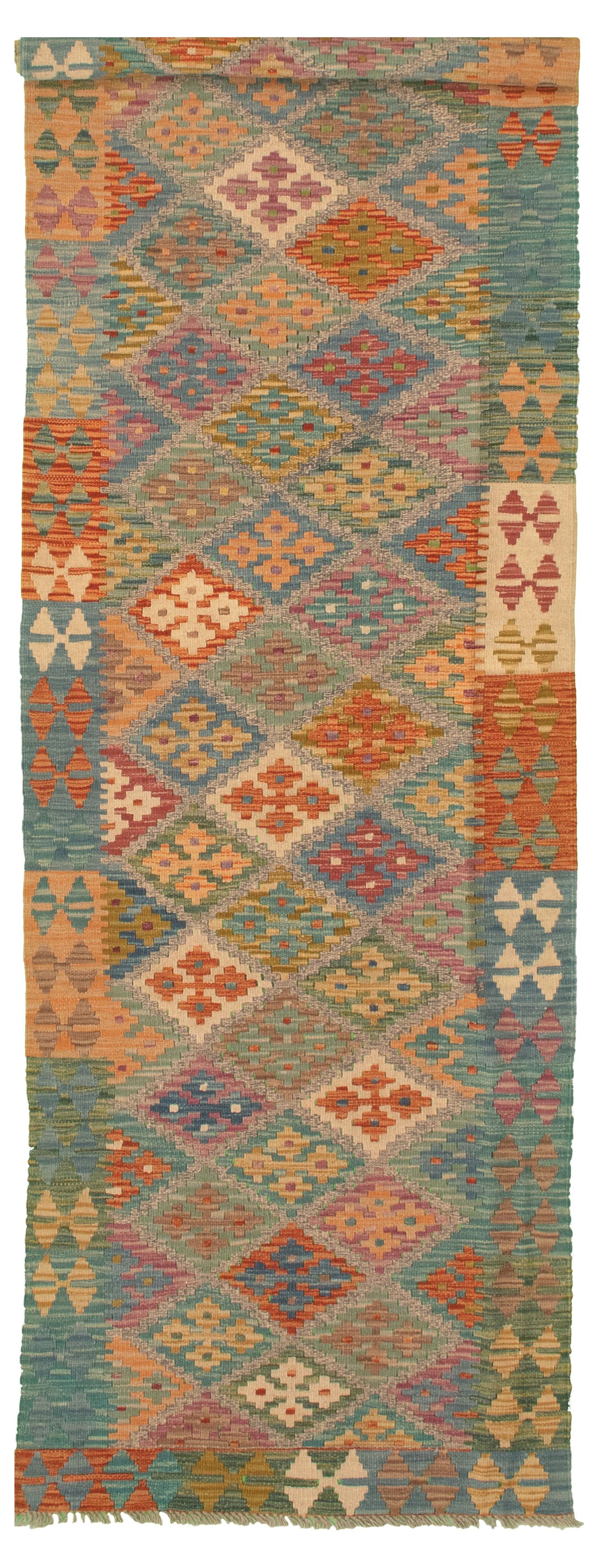 Hand woven Bold and Colorful  Dark Copper, Turquoise Wool Kilim 2'9" x 9'10" Size: 2'9" x 9'10"  