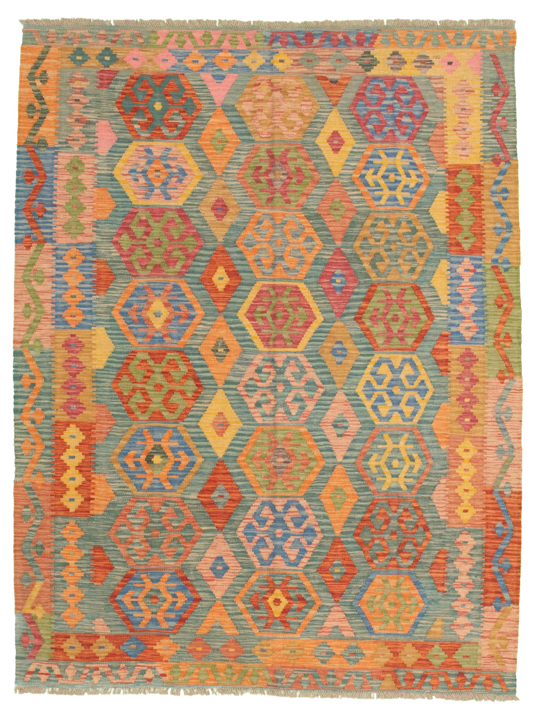 Hand woven Bold and Colorful  Dark Copper, Teal Wool Kilim 6'0" x 7'10" Size: 6'0" x 7'10"  