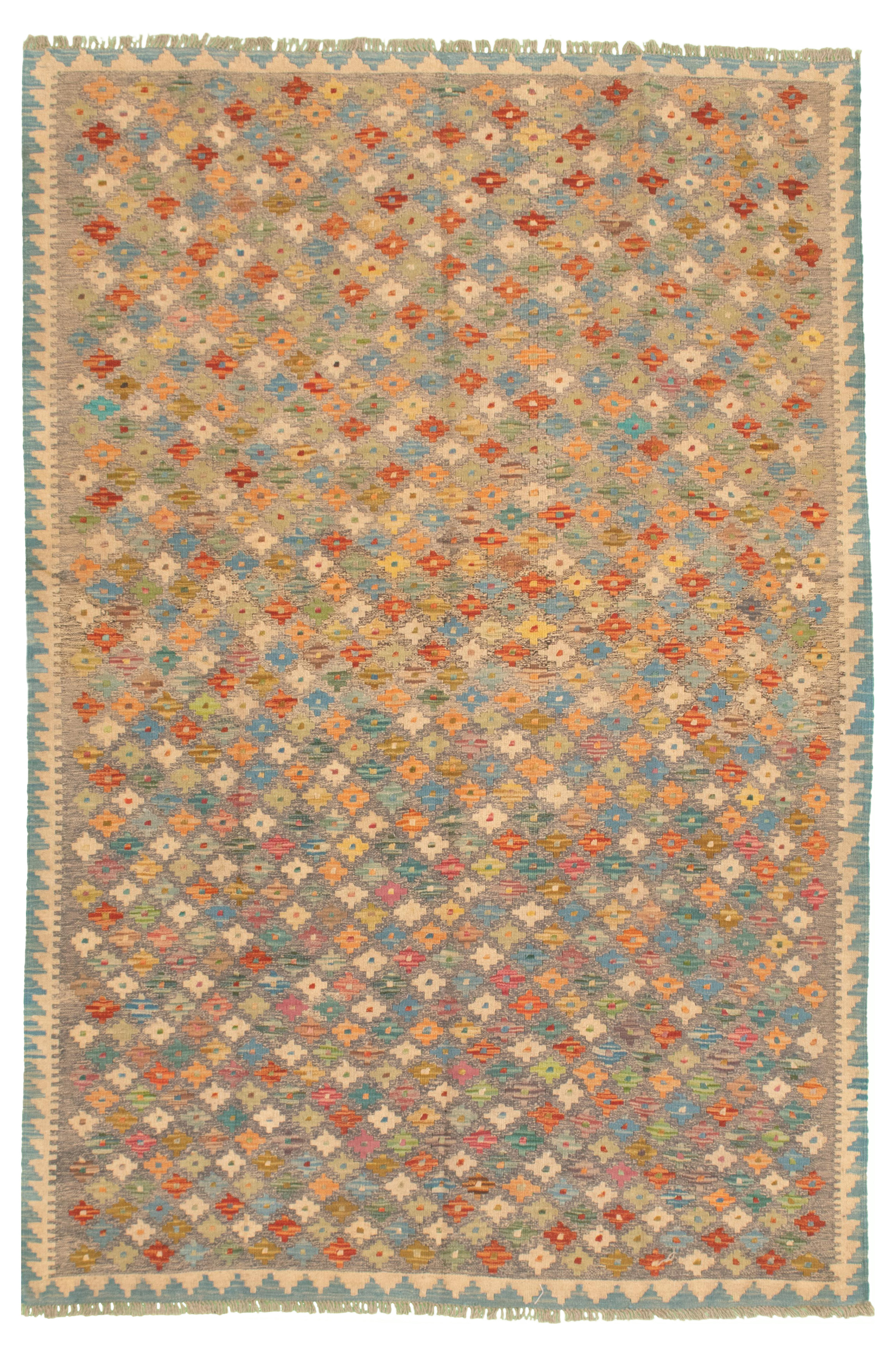Hand woven Bold and Colorful  Cream, Grey Wool Kilim 5'7" x 8'1" Size: 5'7" x 8'1"  