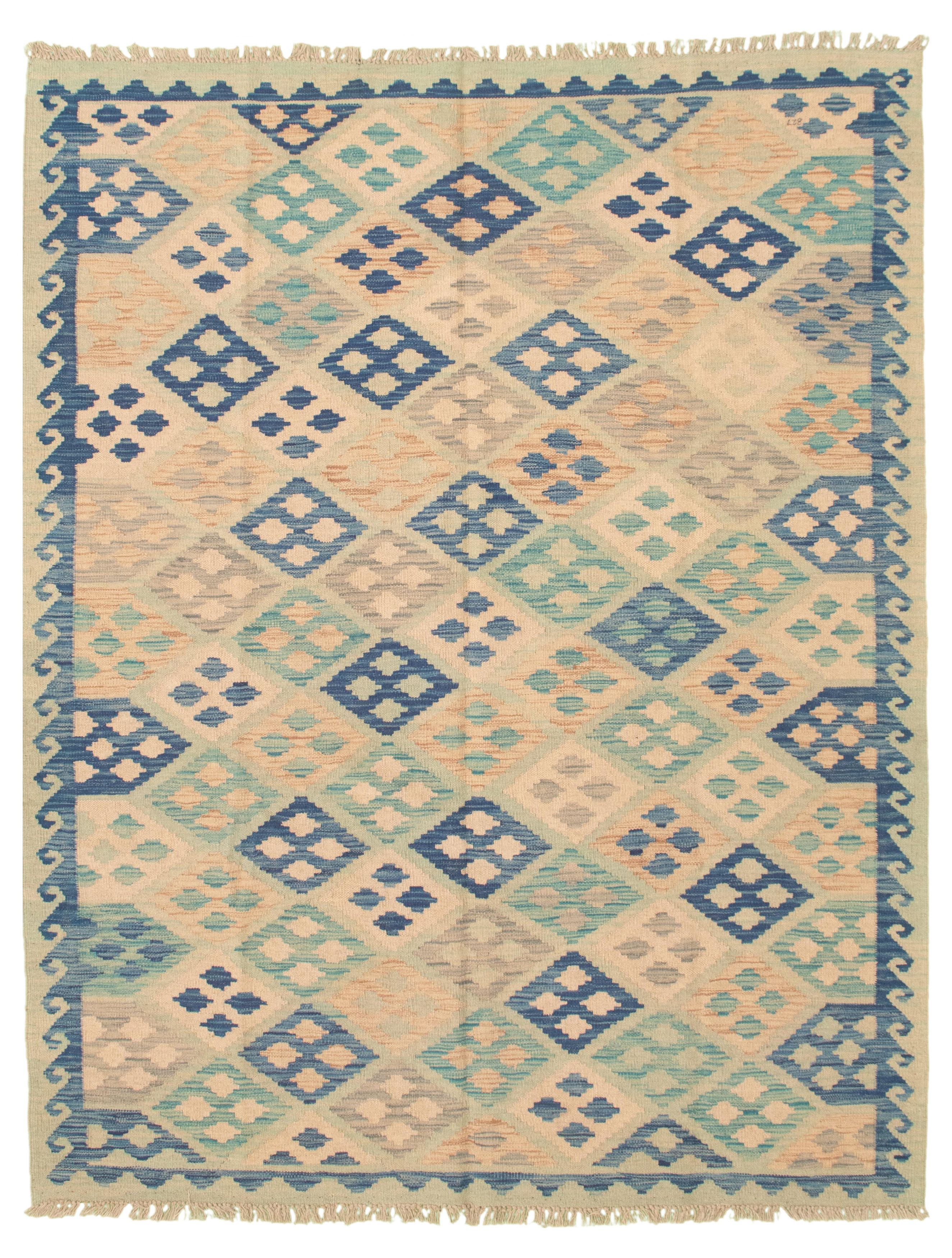 Hand woven Bold and Colorful  Cream Wool Kilim 5'10" x 7'10" Size: 5'10" x 7'10"  