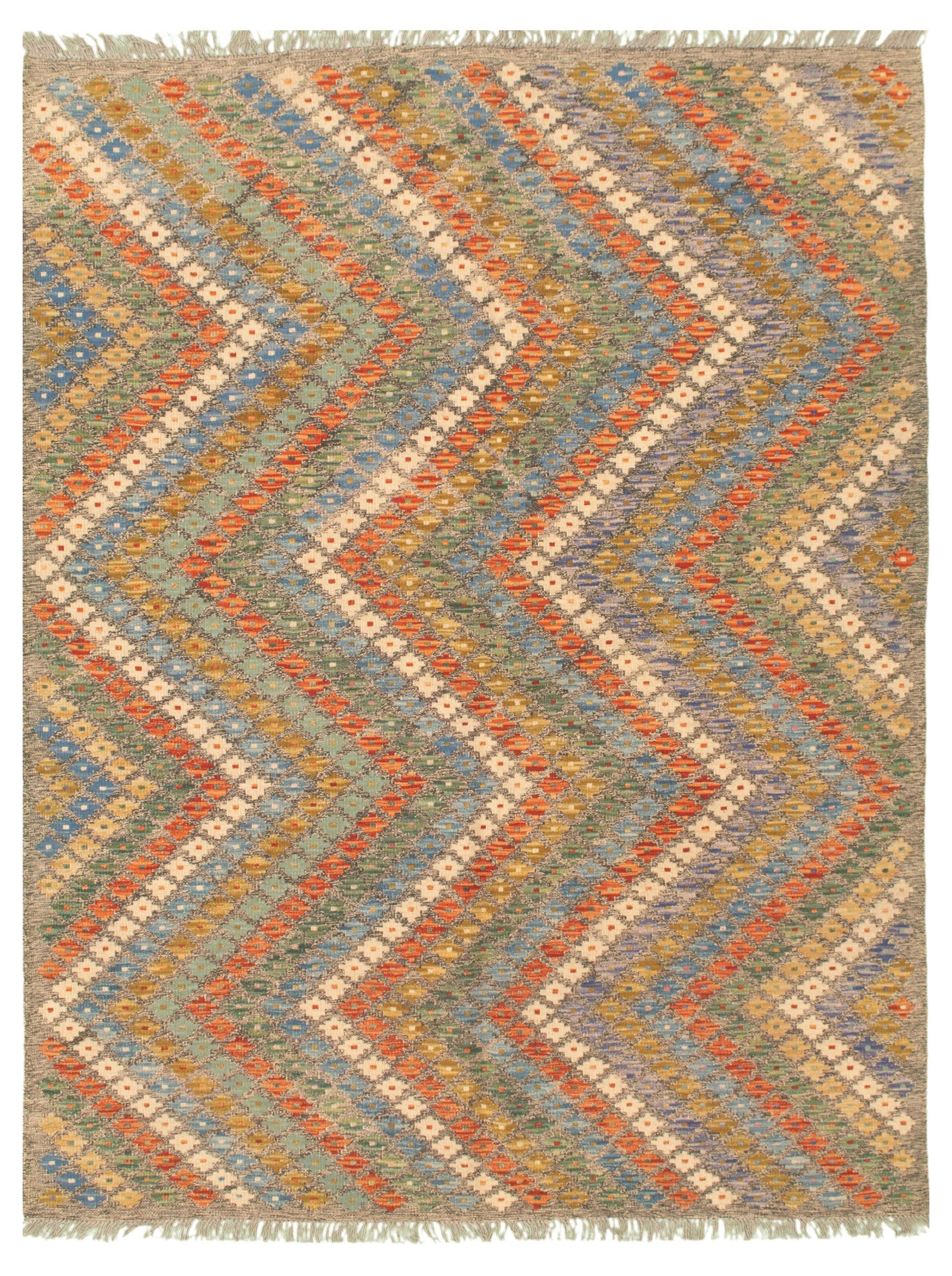 Hand woven Bold and Colorful  Dark Grey, Ivory Wool Kilim 5'8" x 7'7" Size: 5'8" x 7'7"  