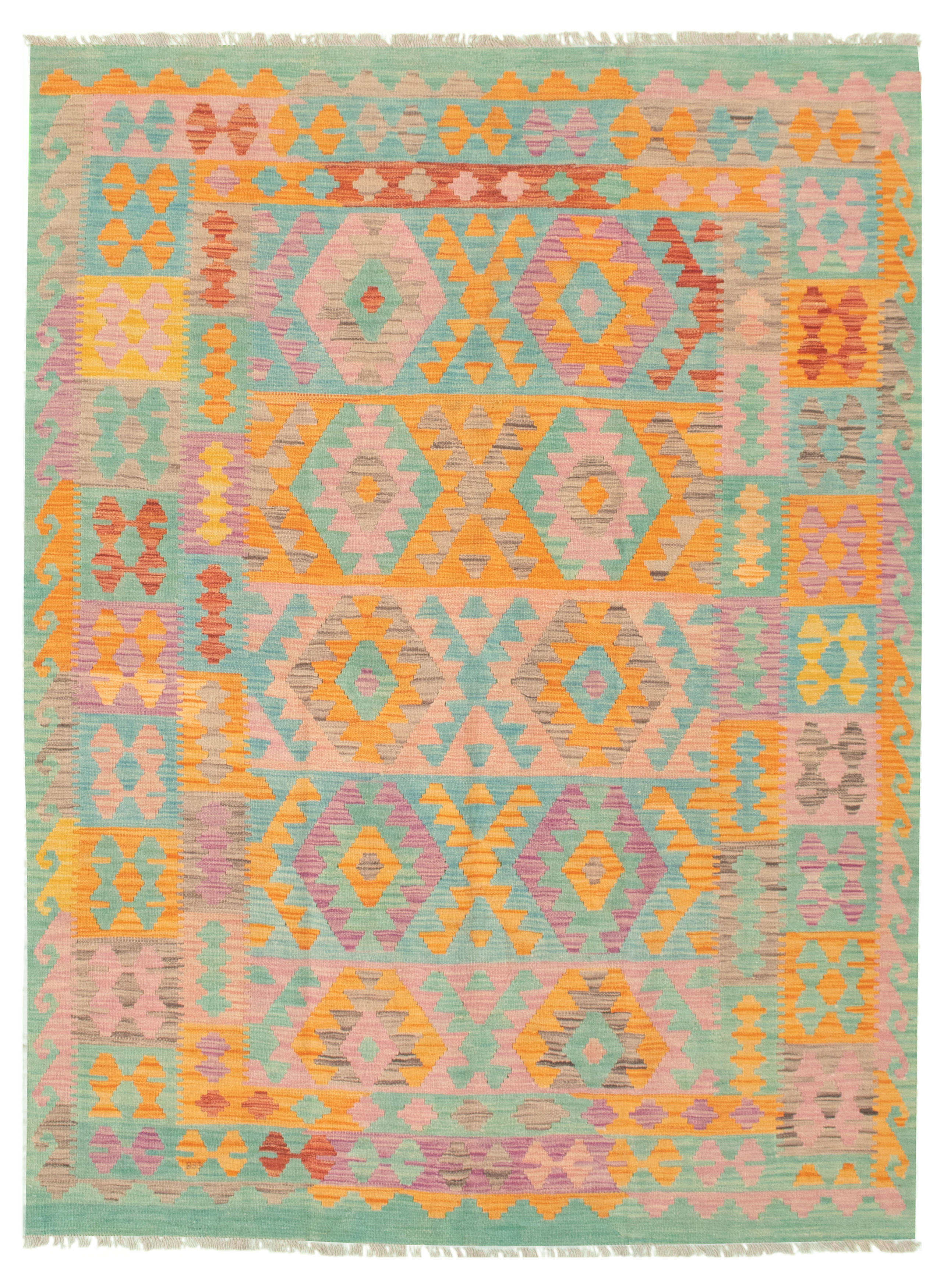 Hand woven Bold and Colorful  Orange Wool Kilim 5'9" x 7'10" Size: 5'9" x 7'10"  