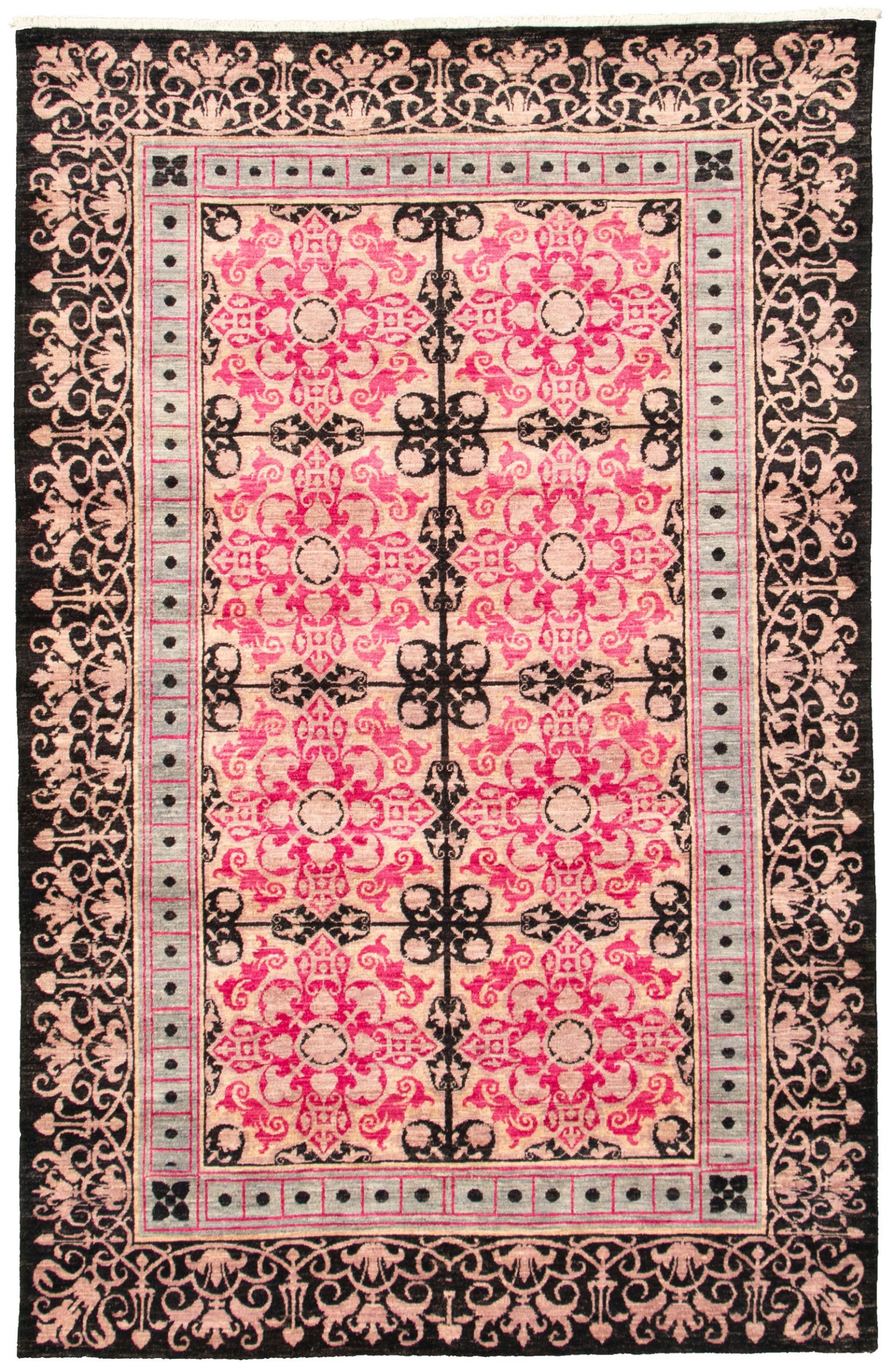 Hand-knotted Signature Collection Black, Dark Pink Wool Rug 6'1" x 9'7" Size: 6'1" x 9'7"  
