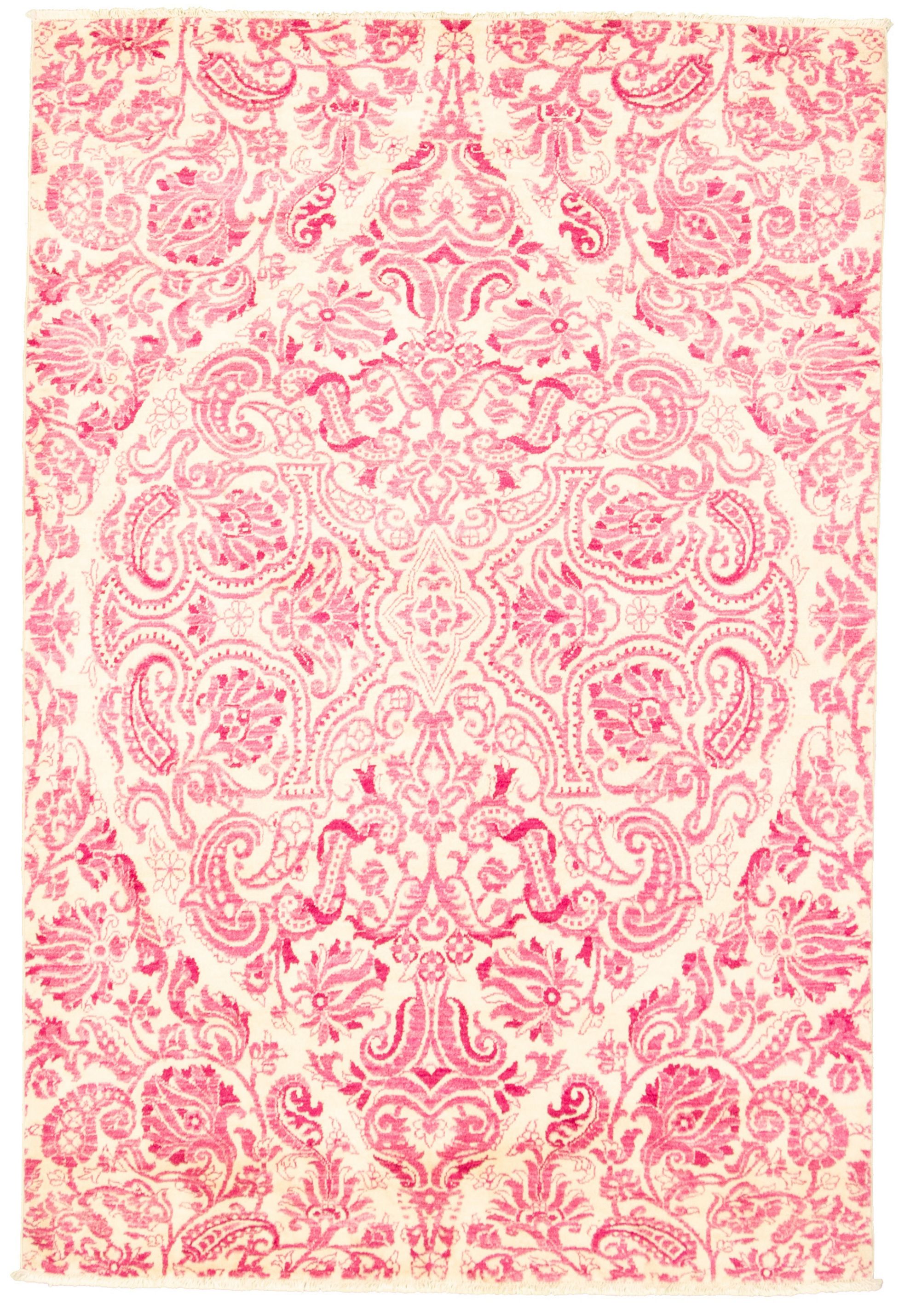 Hand-knotted Signature Collection Cream, Dark Pink Wool Rug 5'1" x 7'6" Size: 5'1" x 7'6"  