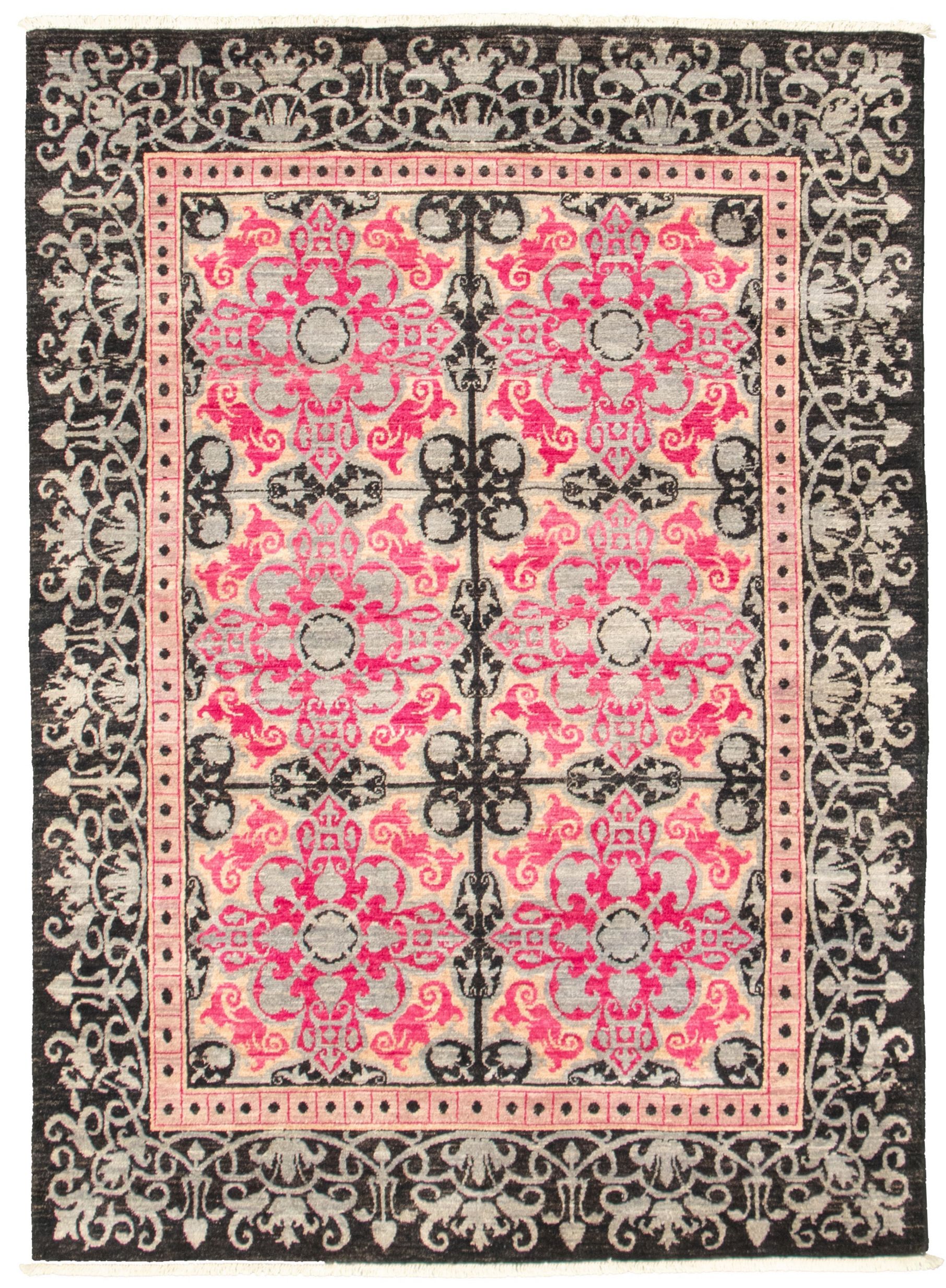 Hand-knotted Signature Collection Black, Dark Pink Wool Rug 5'1" x 7'0" Size: 5'1" x 7'0"  