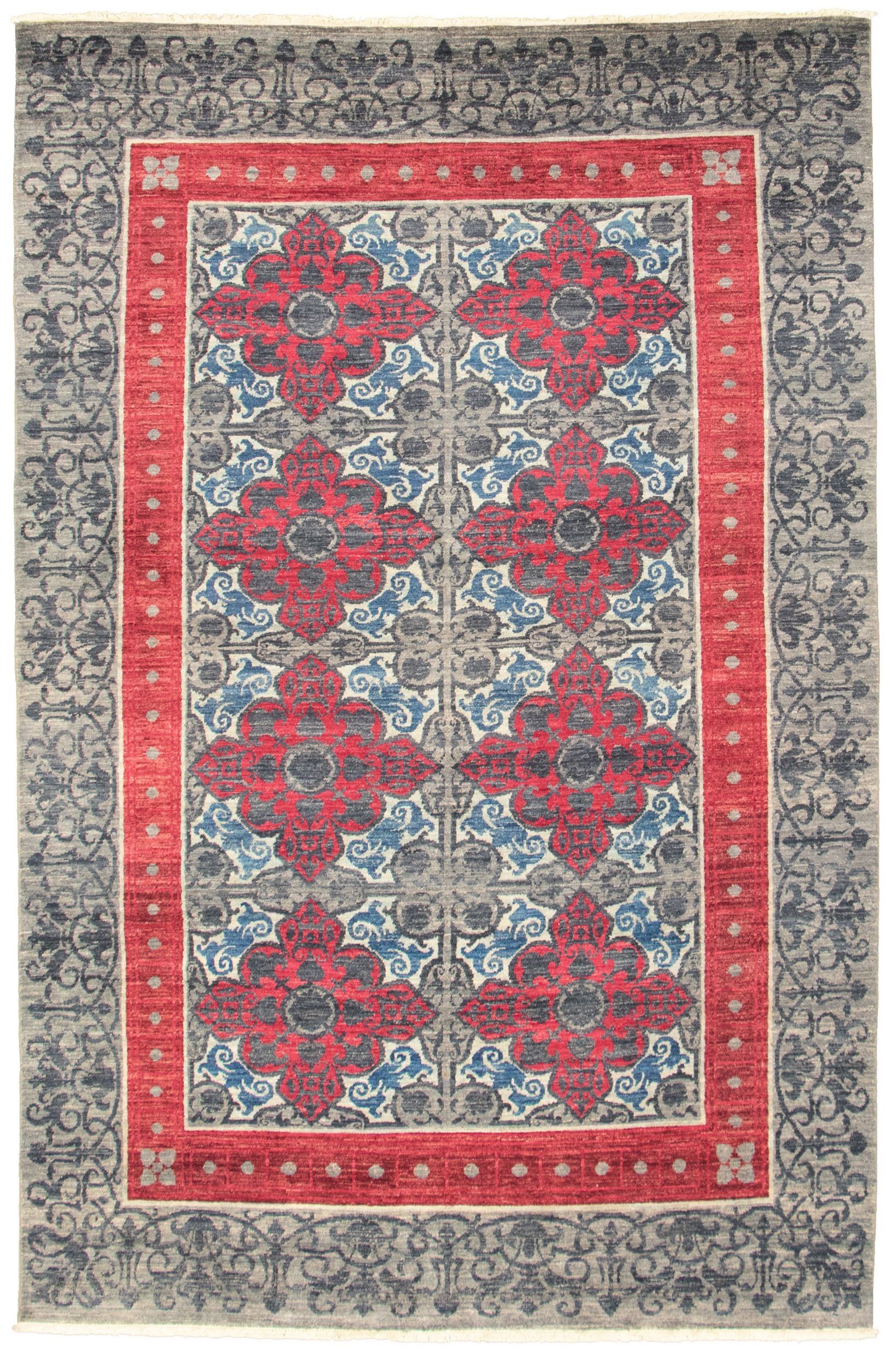 Hand-knotted Signature Collection Grey, Red Wool Rug 6'2" x 9'3" Size: 6'2" x 9'3"  