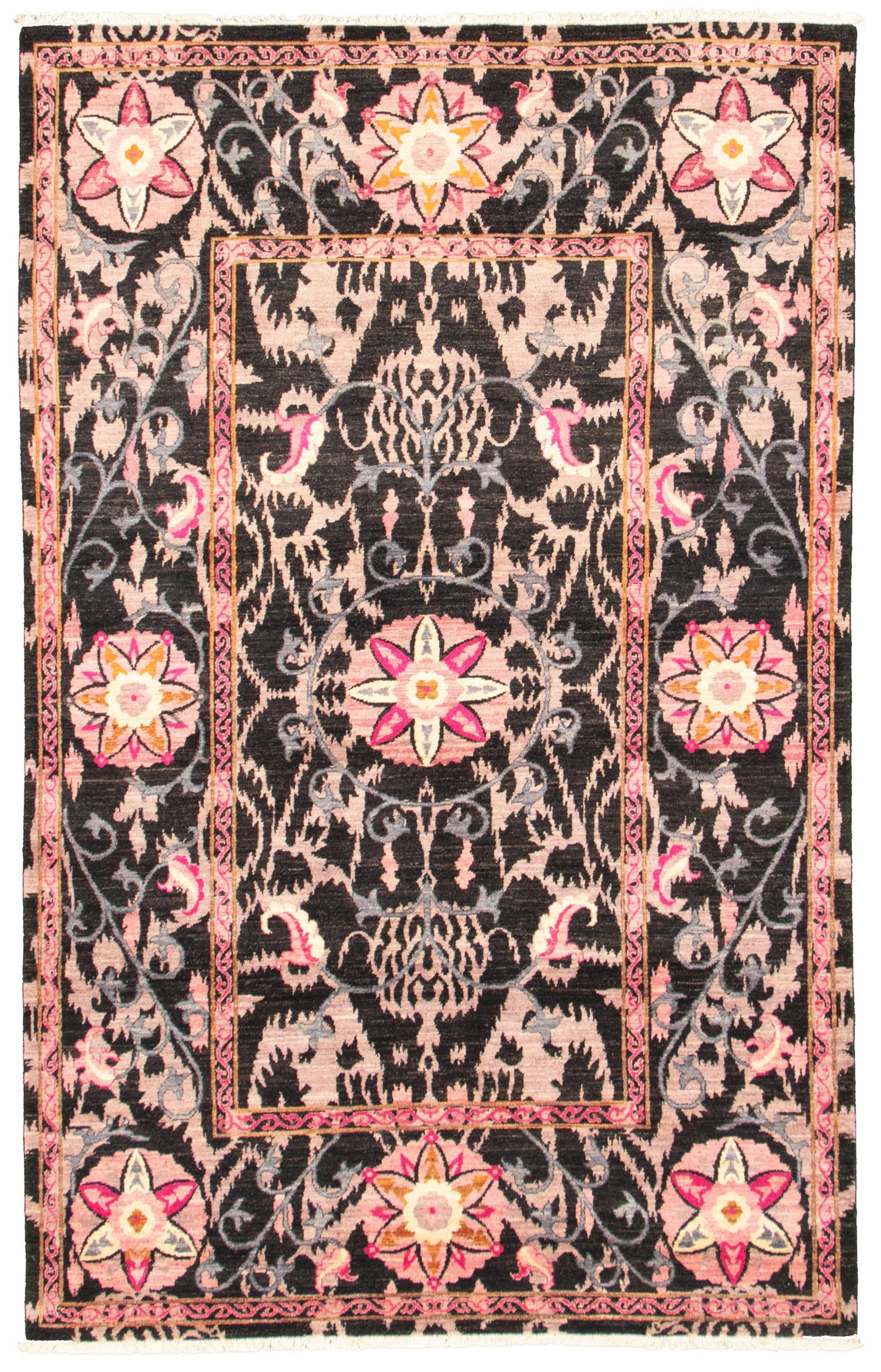 Hand-knotted Signature Collection Black, Pink Wool Rug 6'1" x 8'6" Size: 6'1" x 8'6"  