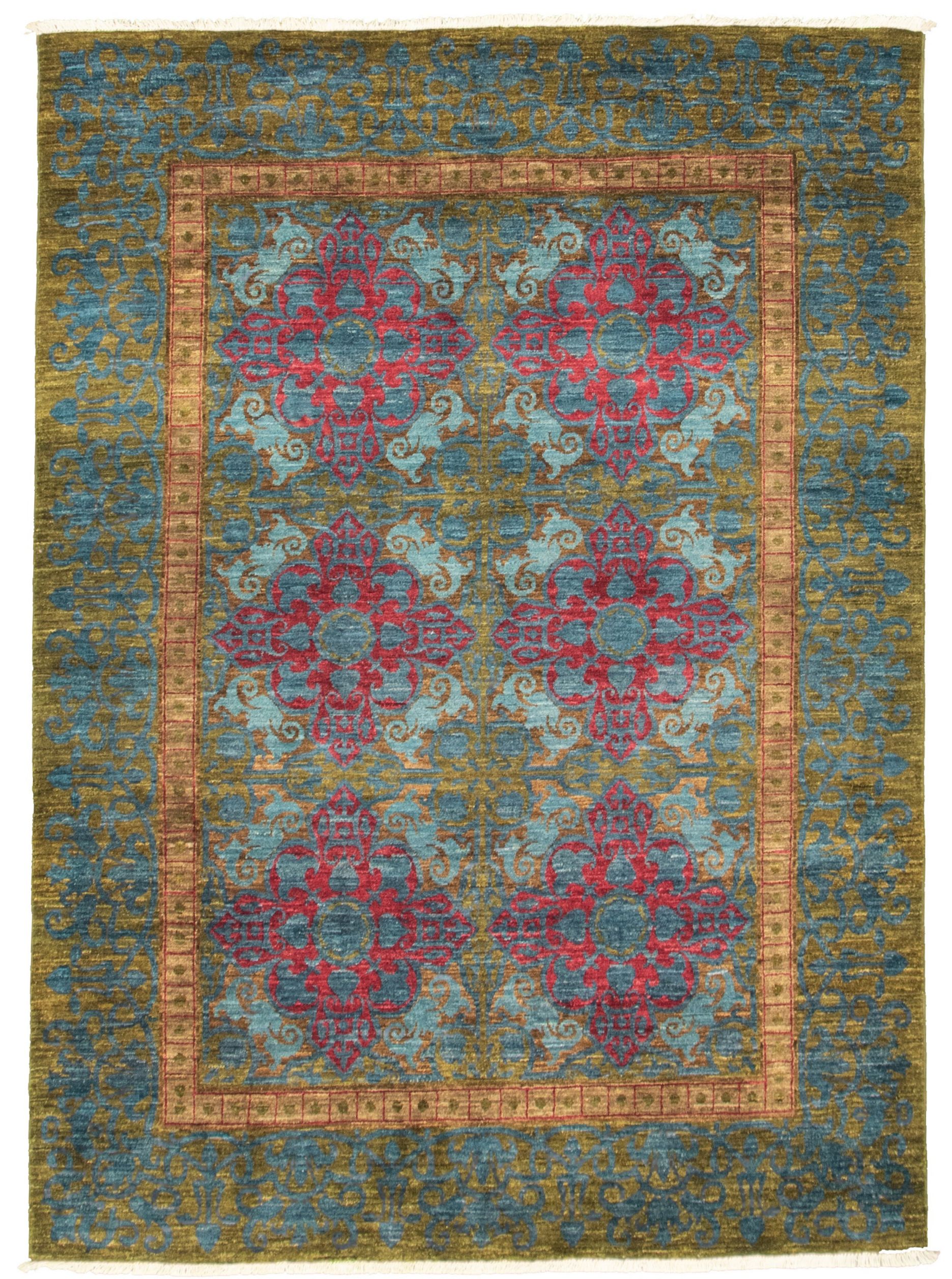 Hand-knotted Signature Collection Dark Blue, Olive Wool Rug 5'2" x 7'0" Size: 5'2" x 7'0"  