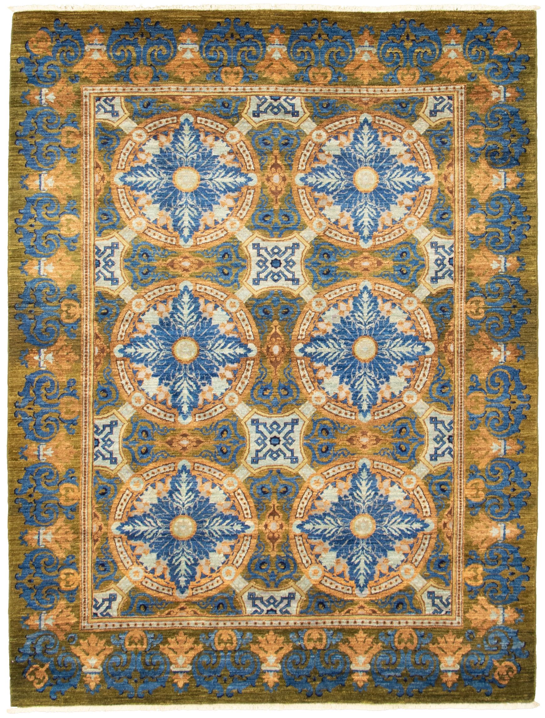 Hand-knotted Signature Collection Dark Blue, Olive Wool Rug 6'2" x 8'1" Size: 6'2" x 8'1"  