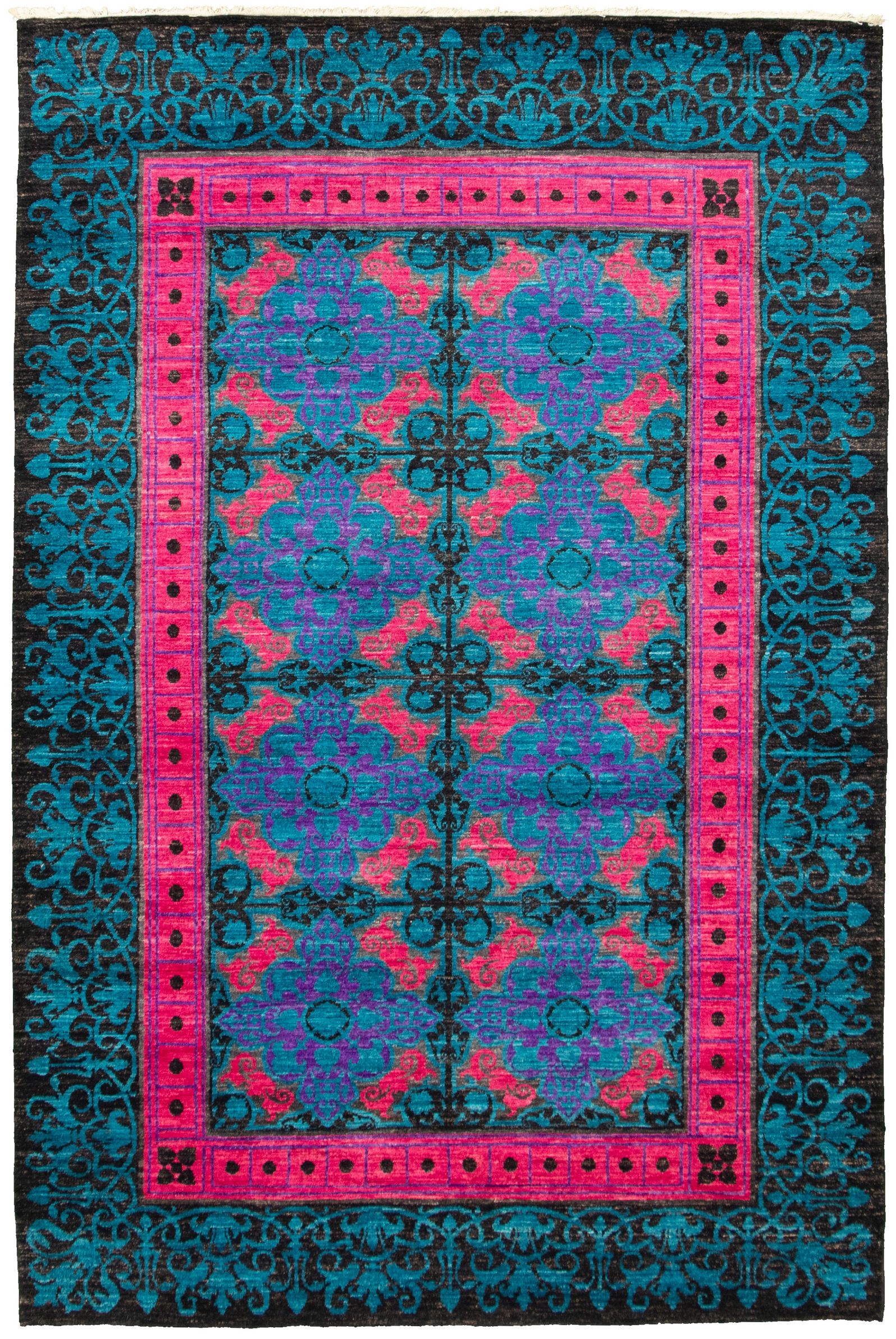 Hand-knotted Signature Collection Black, Dark Pink Wool Rug 6'0" x 9'0" Size: 6'0" x 9'0"  