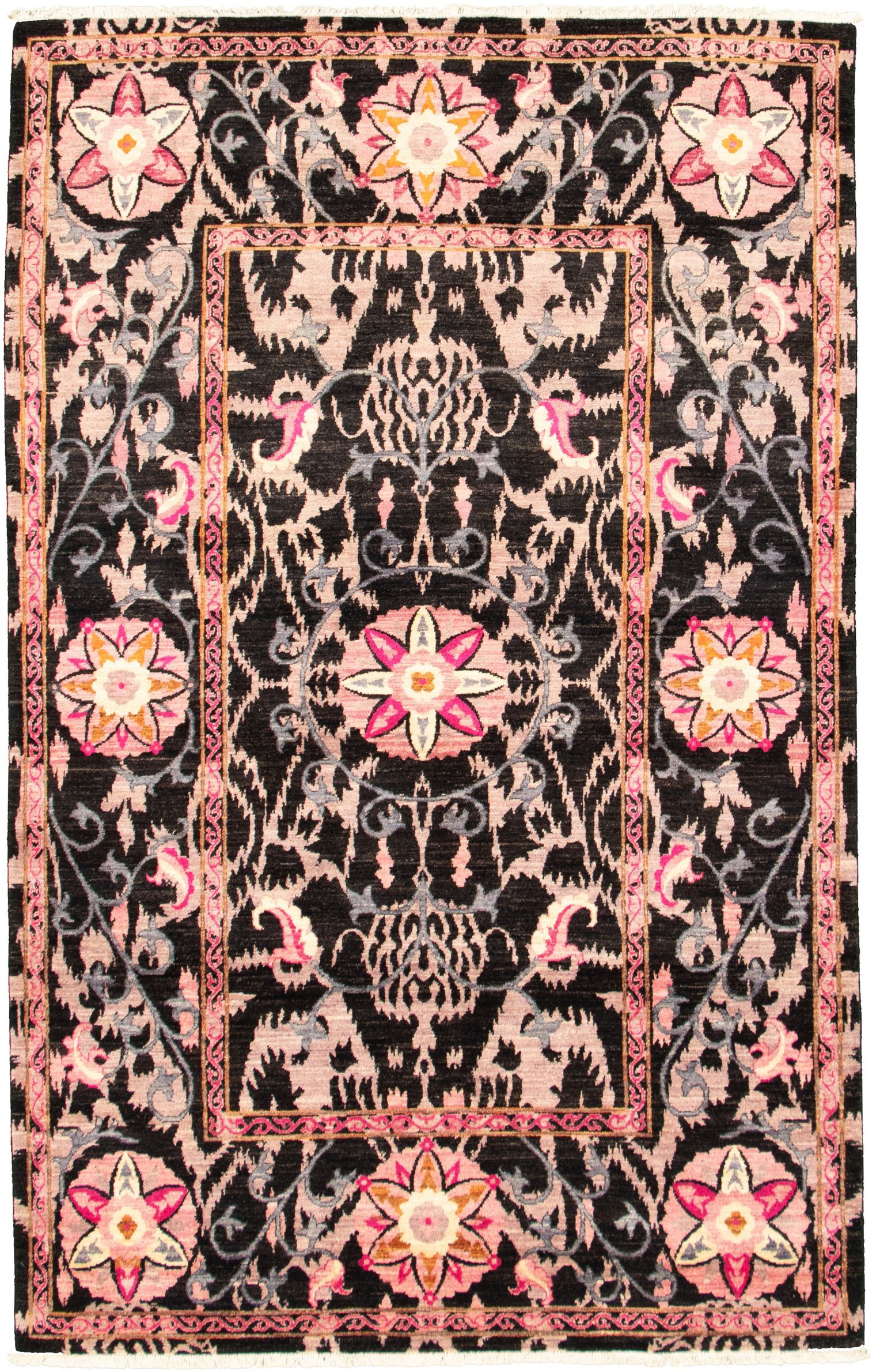 Hand-knotted Signature Collection Black, Pink Wool Rug 8'3" x 9'9" Size: 8'3" x 9'11"  