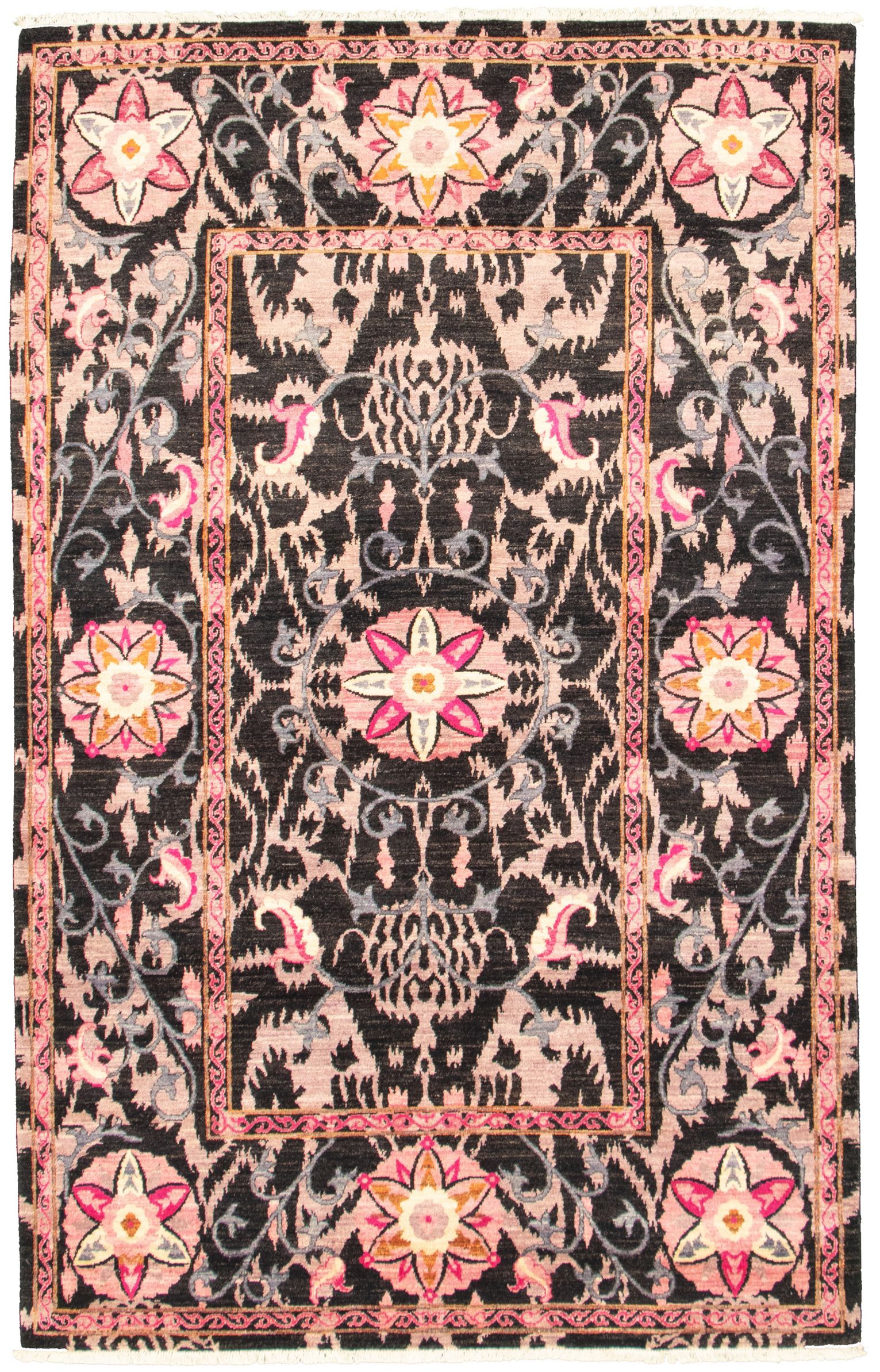 Hand-knotted Signature Collection Black, Pink Wool Rug 9'0" x 11'7" Size: 9'0" x 11'7"  
