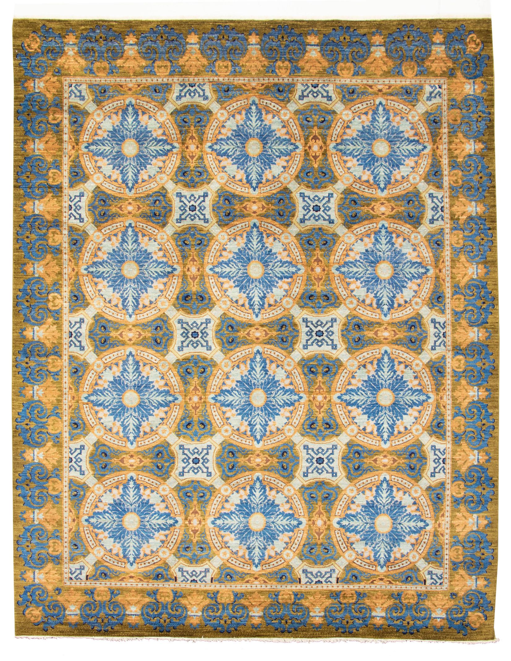 Hand-knotted Signature Collection Blue, Olive Wool Rug 9'1" x 10'10" Size: 9'1" x 10'10"  