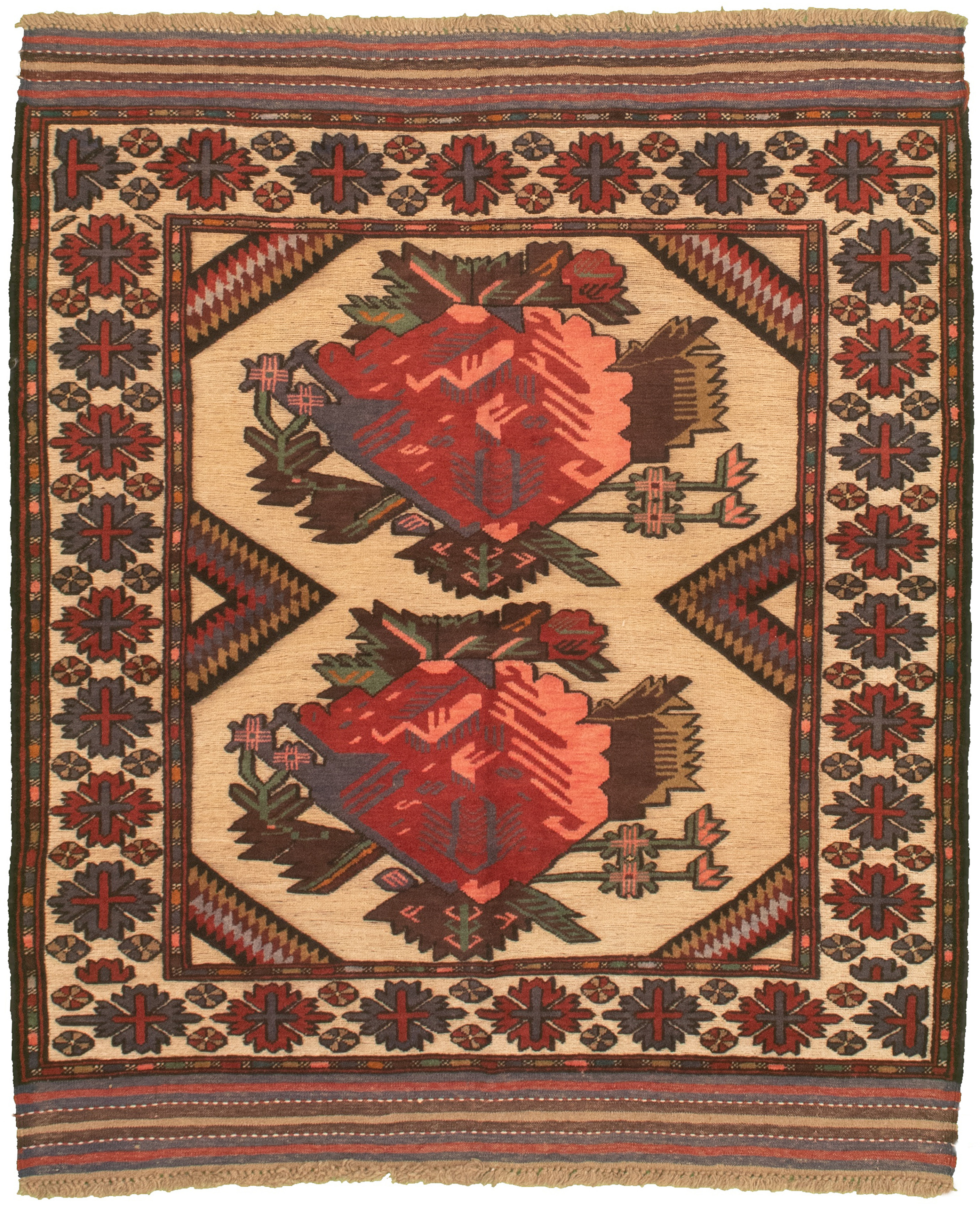 Hand-knotted Tajik Caucasian Beige, Dark Red Wool Rug 4'3" x 5'5" Size: 4'3" x 5'5"  