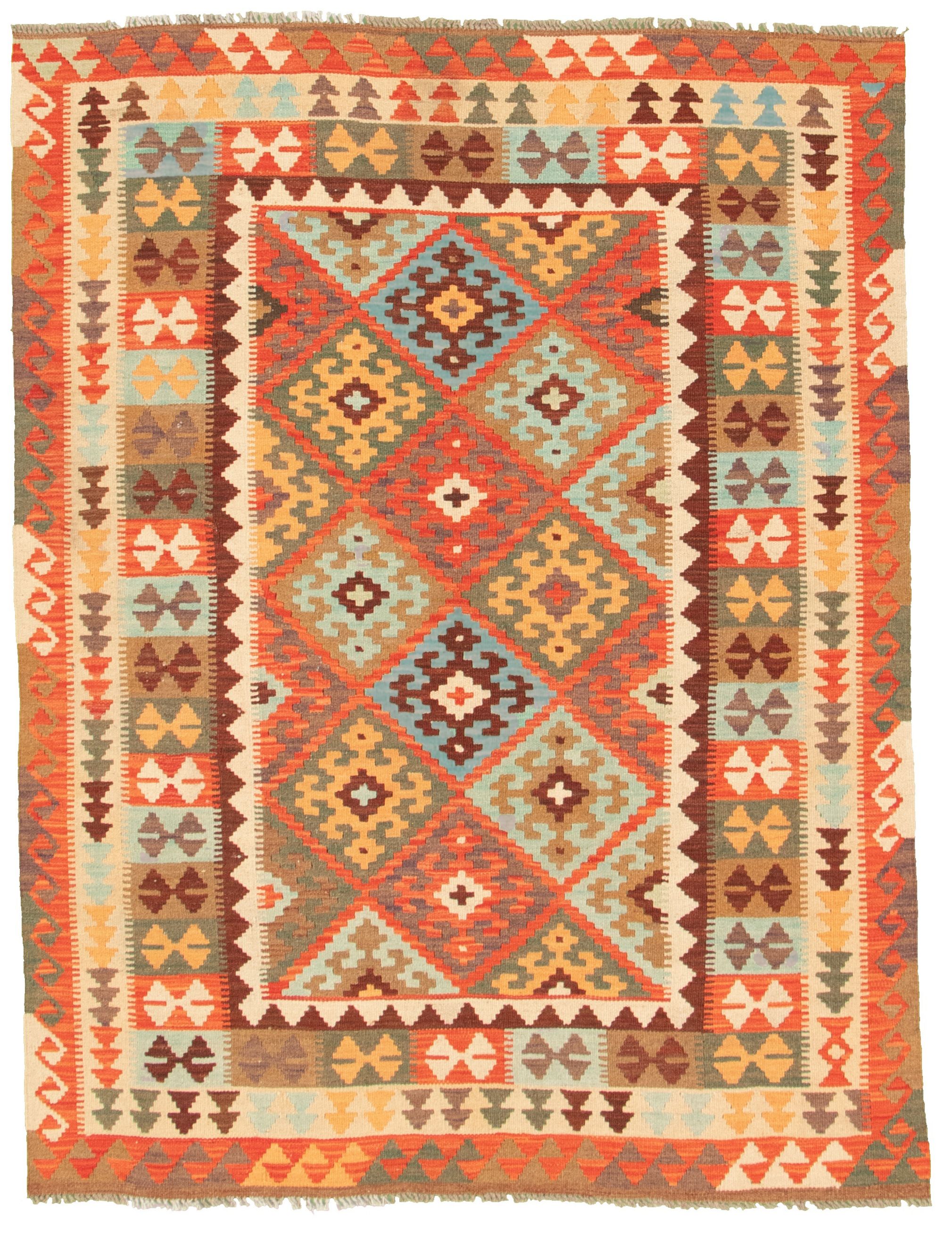 Hand woven Bold and Colorful  Red Wool Kilim 5'1" x 6'7" Size: 5'1" x 6'7"  